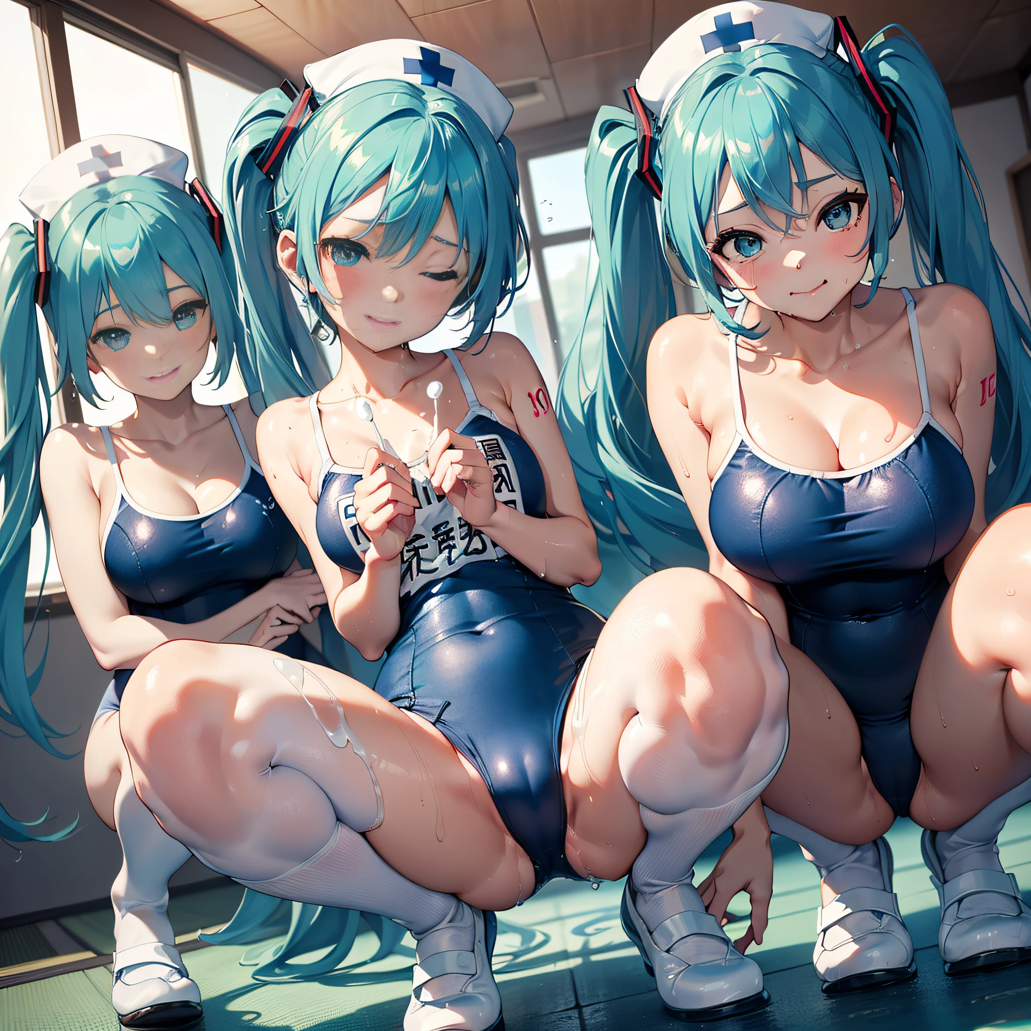 (masterpiece, best quality, 8k wallpaper:1.2 ), ultra detailed, absurdres, highres, long blue-green twintail hair, (hatsune miku:1.3), 27 yo, full body, ((1girl)), (large ), (((glossy slippy smooth texture {blue|black} one-piece japanese school swimsuit:1.3))), ((motherhood kind smile, head tilt:1.2, squinting eyes, wince, closed mouth)), (masterpiece, best quality, 8k wallpaper:1.2 ), ultra detailed, absurdres, highres, long blue-green twintail hair, (hatsune miku:1.3), 7 yo, Entary school student, short legs, short arms, petit, being stumpy, full body, ((1girl)), (flat chest), (((glossy slippy smooth texture {blue|black} one-piece japanese school swimsuit:1.3))), ((motherhood kind smile, head tilt:1.2, squinting eyes, wince, closed mouth)), (looking at viewer), too sweaty body, silky skin, beautiful eyes, beautiful smile line, big blue eyes, shiny hair, beautiful detailed eyes, beautiful detailed skin, beautiful detailed clothes), framed double breasts, unt, too wet skin, too wet clothes, glossy skin, glossy clothes, skindentation, skin tight, thick thighs, on the hospital bed, portrait, cute face, kawaii, (((peeping shot from ceiling, flirting))), peeping dripping, wide open legs, wide spread legs, squatn your knees, realistic, realism, photorealistic, (((waterfall milk is dripping from the crotch))), both inner thighs, ((white nurse cap, too wet see-through too thin white over knee socks, white nurse shoes)), 1 panel, solo, lower body focus, ((a lot of milk on crotch and thighs)), perfect I sharped cleavage, arms down forwards,