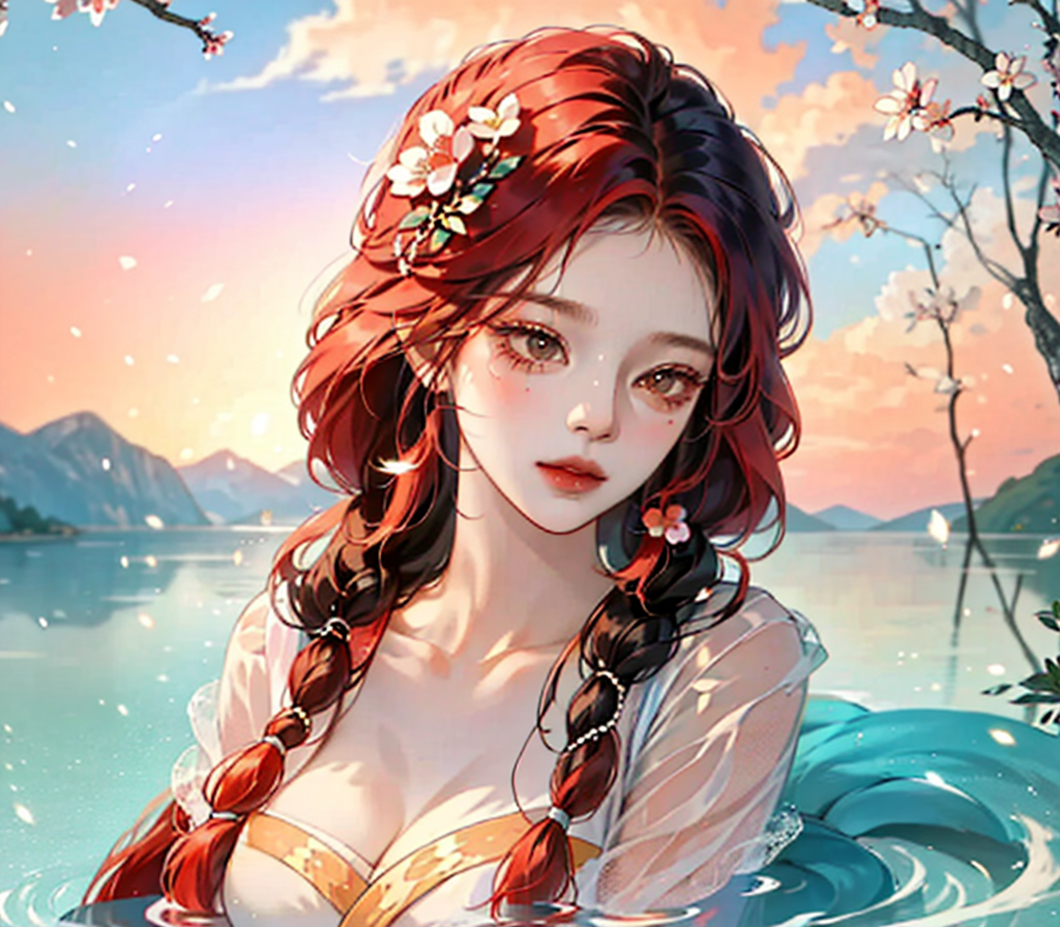 Still water flows deeply,Cangsheng step song gradient flowing hair girl lake blue red gradient hair thick double twisted braid god girl clear face depiction pure white simple dress extremely smooth long hair plant anthropomorphic god girl peach blossom dotted spectacular background overgrowth