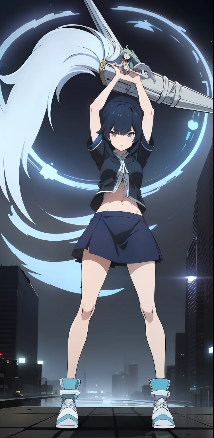 anime girl, short blue hair, rostro serio, camisa blanca, falda azul, senos medianos, brazos arriba, cuerpo completo, cuerpo detallado, cuerpo femenino, mirando al espactador,