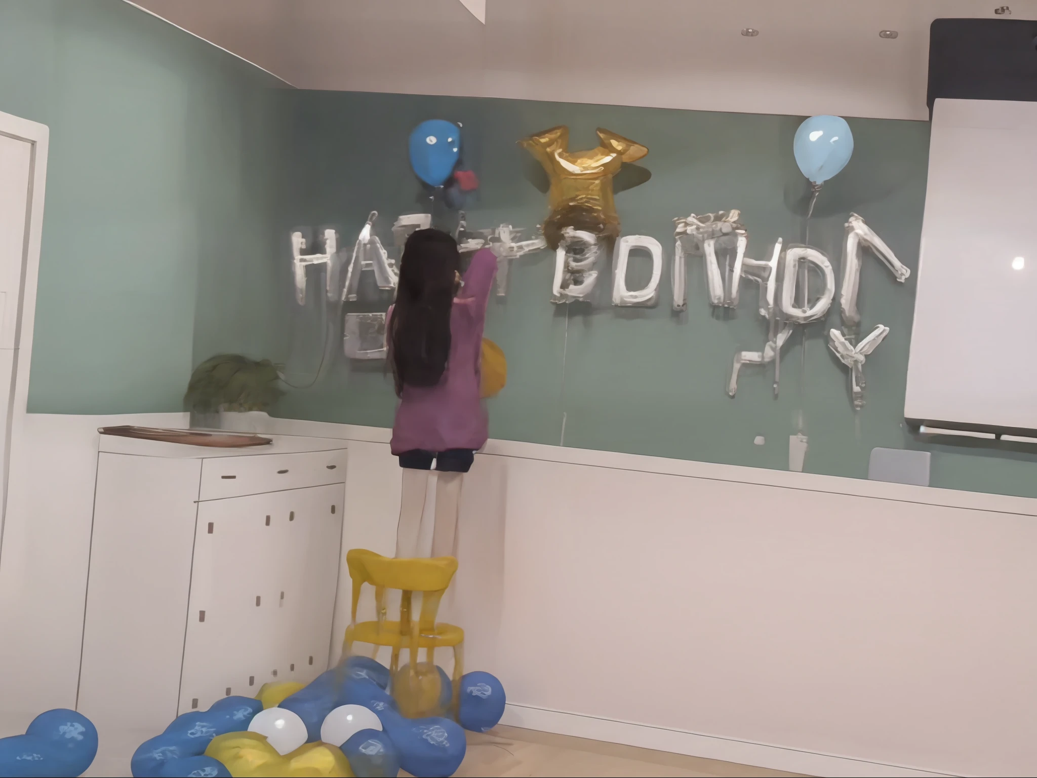 Alafi stands in his chair in front of the birthday sign, hight decorated, Birthday party, Decoration around the room, happy birthay, in birthday party, shining and happy atmosphere, party balloons, Party, Happy!!!, Grand!, 🤬 🤮 💕 🎀, baloons, birthday painting, celebrating a birthday, balloon, Party atmosphere, balloons
