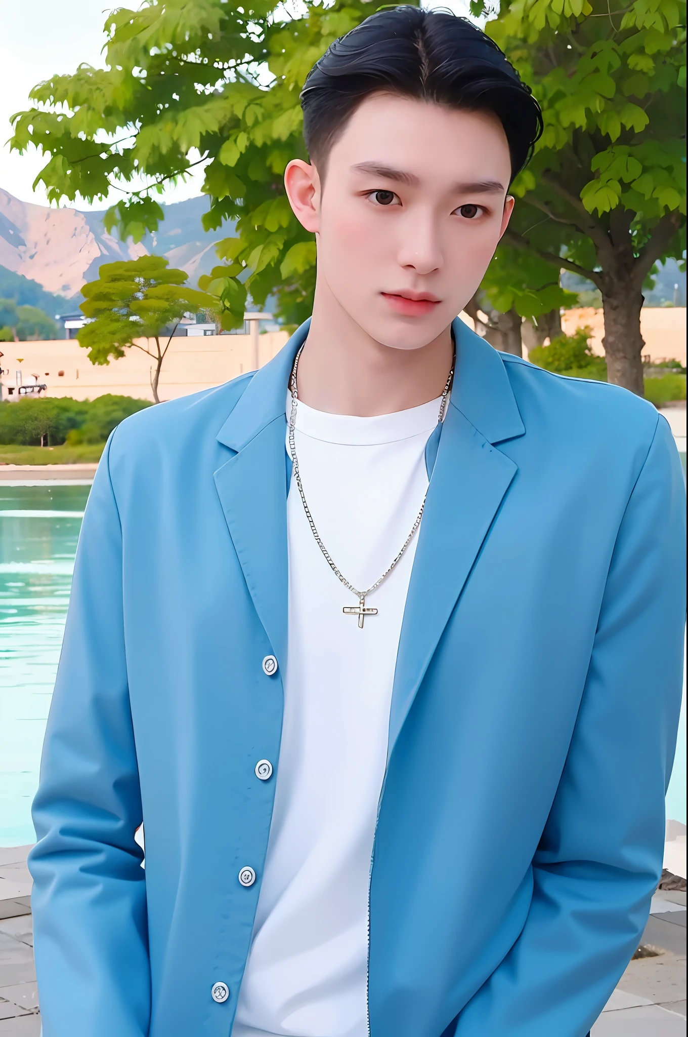1 guy 23 years old, wearing a light blue shirt, wearing a necklace, a guy standing by the lake, a mountain in the distance, side part hairstyle, upper body, portrait, deep of field, f/ 0.5, masculine, handsome, detailed skin description, realistic,
