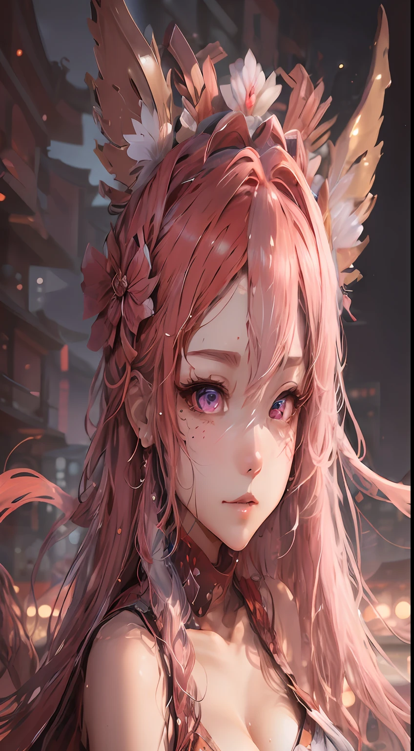 full bodyesbian, with hands behind her back, Long legs, focal: 1.2, Beautiful Women in Perfect Figure:1.4, red tinted hair, standing on your feet:1.2), nighttime scene, The facial and skin texture is very detailed, eye detailed, 二重まぶた