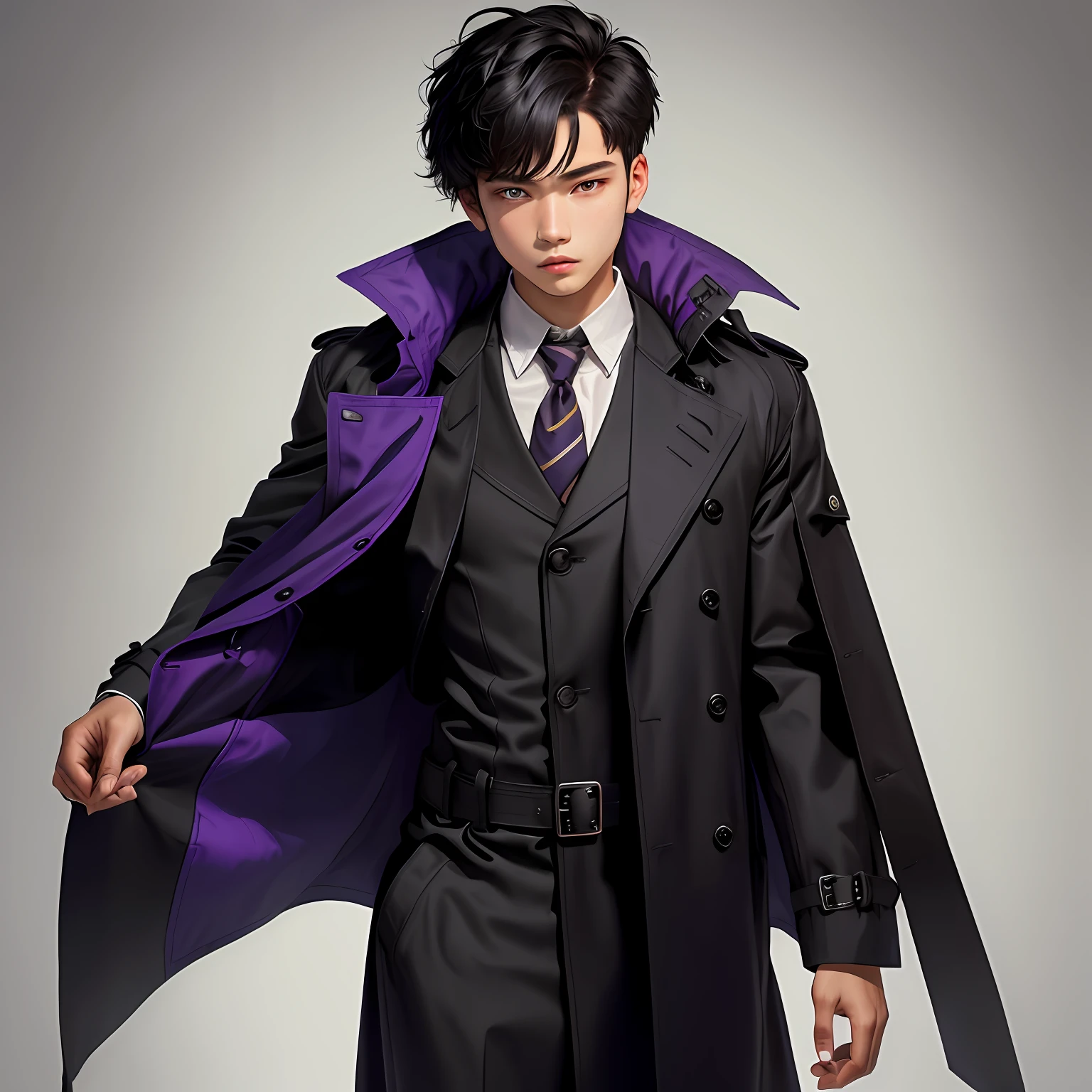 boy，a black trench coat，The upper part of the body，with short black hair，Purple eye