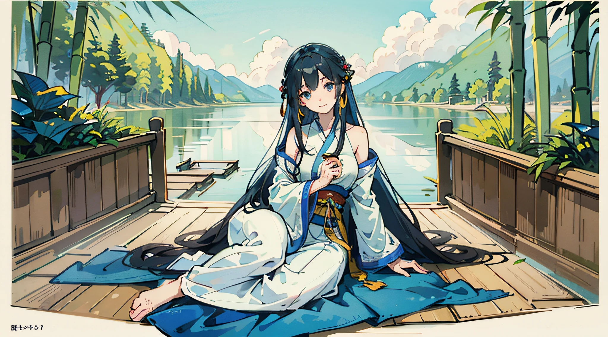 Masterpiece, best quality, official art, 8K wallpaper, highly detailed, illustrations, a girl, full body close-up, Vistas, sky blue hair, long hair, detailed eyes, Agan, bare shoulders, Hanfu, lake, pure, soft smile, bamboo, tea
