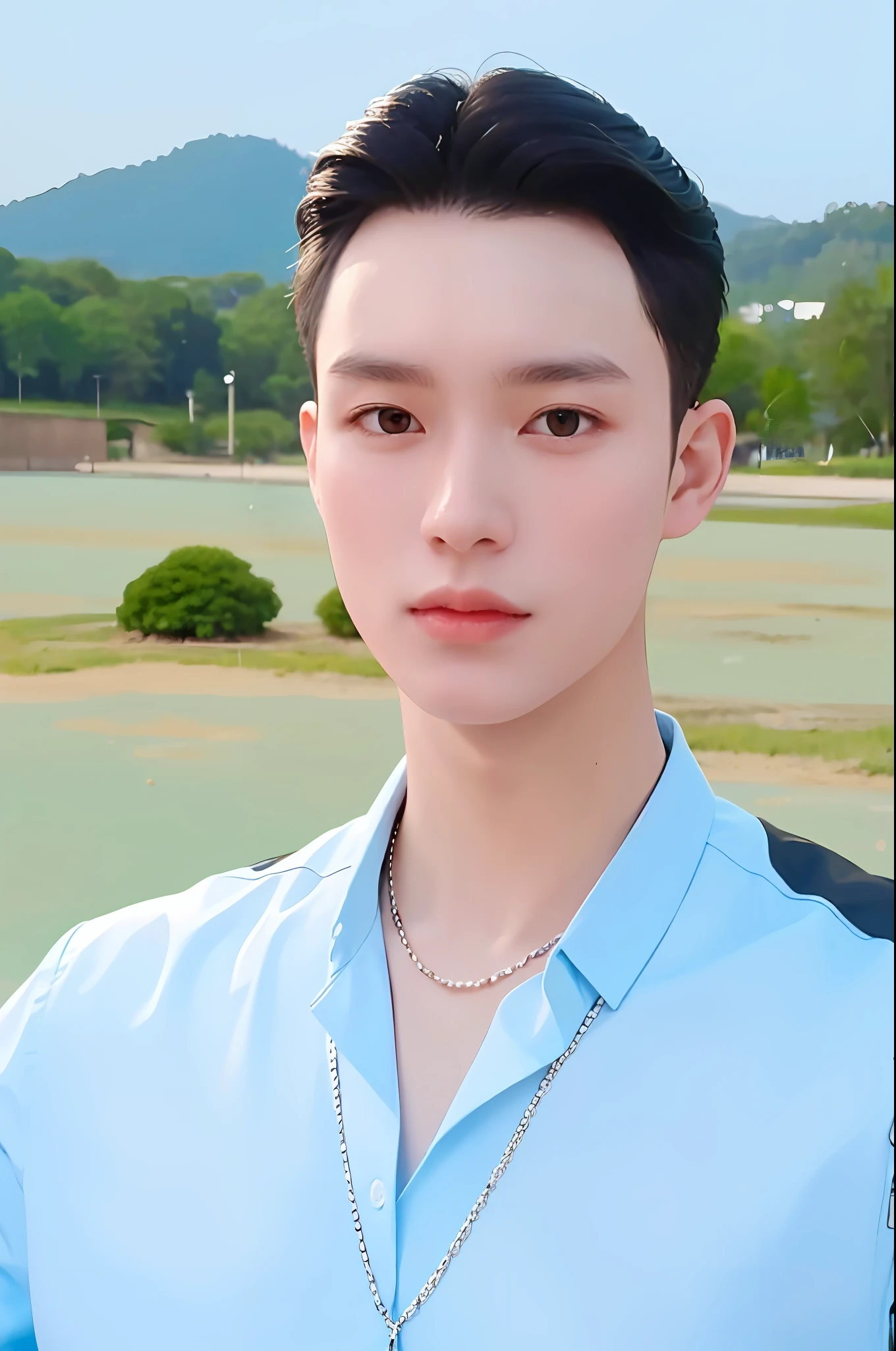 1 guy 23 years old, wearing a light blue shirt with a white shirt inside, wearing a necklace, a guy standing on the lakeside, a mountain in the distance, side part hairstyle, side part swept back, upper body, portrait photo, deep of field, f/0.5, masculine, handsome, detailed skin description, realistic,