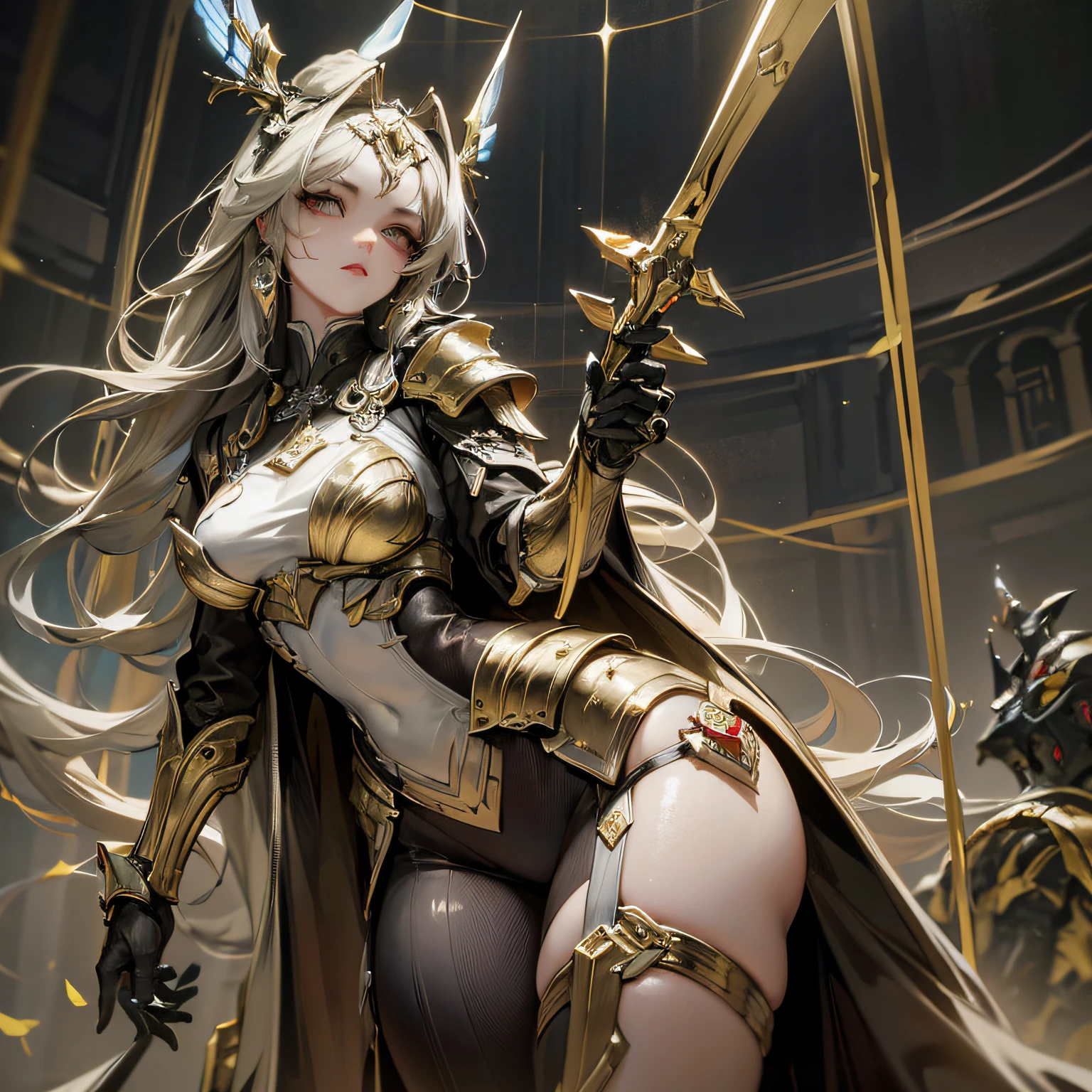 Ancient Chinese warframe
Gold and black
Standing tall
Combat stance
Background ruins
Determined gaze
Antique elements
Rich armor decoration
Elegant hairstyle
Classical tone,tmasterpiece,Best quality --auto