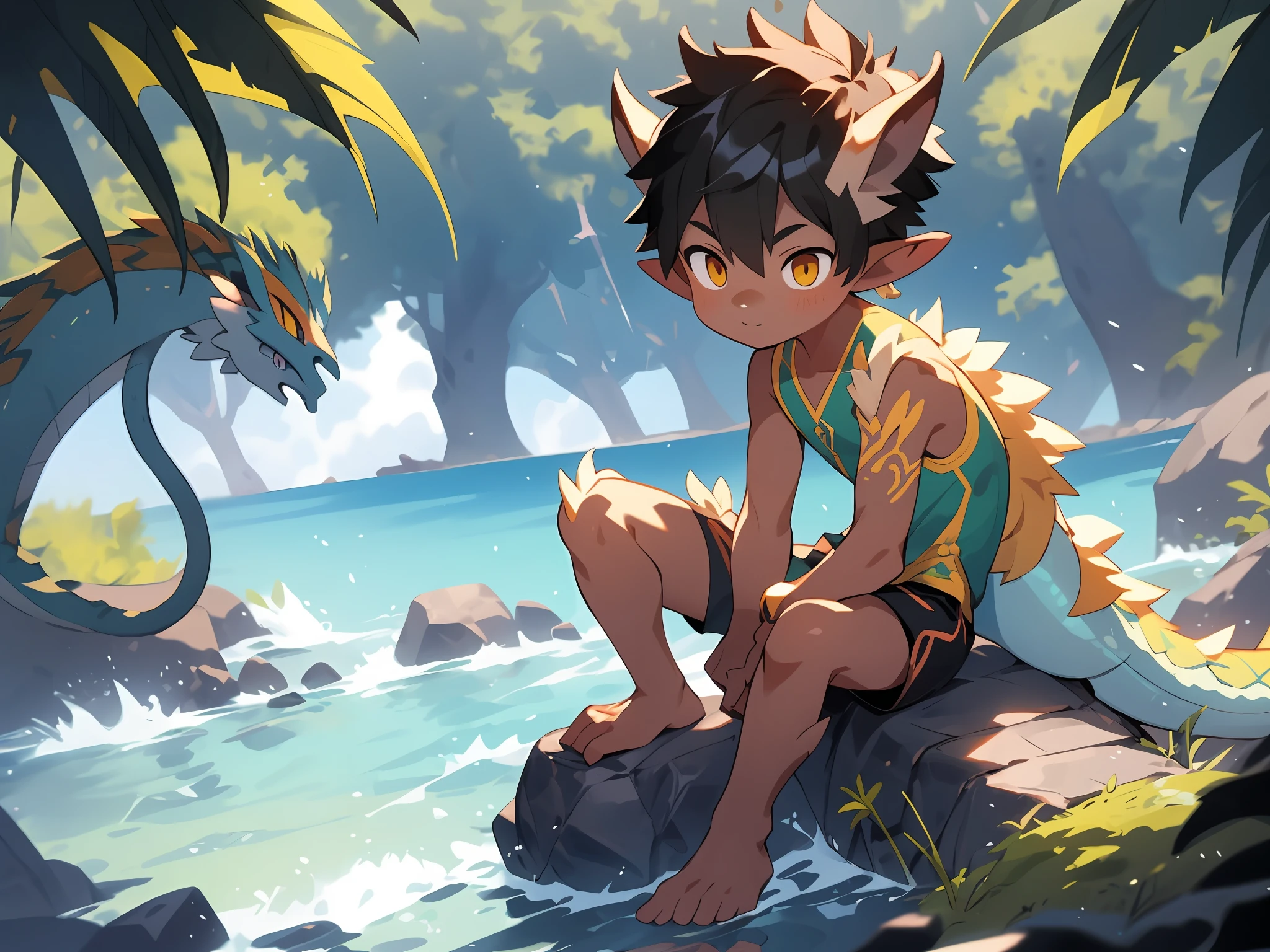 Stylistic image of a  sitting on a rock by the sea, concept art by Shitao, Pisif, Furry art，trending on artstation pixiv, Guviz-style artwork, lalafell, Guviz, Guweiz on ArtStation Pixiv, young male anthro dragon，White scales，White hair，Close-up photos，（slightly fat big breasts），Sunburn，The character is on the right，(((独奏，solo person，1boys)))