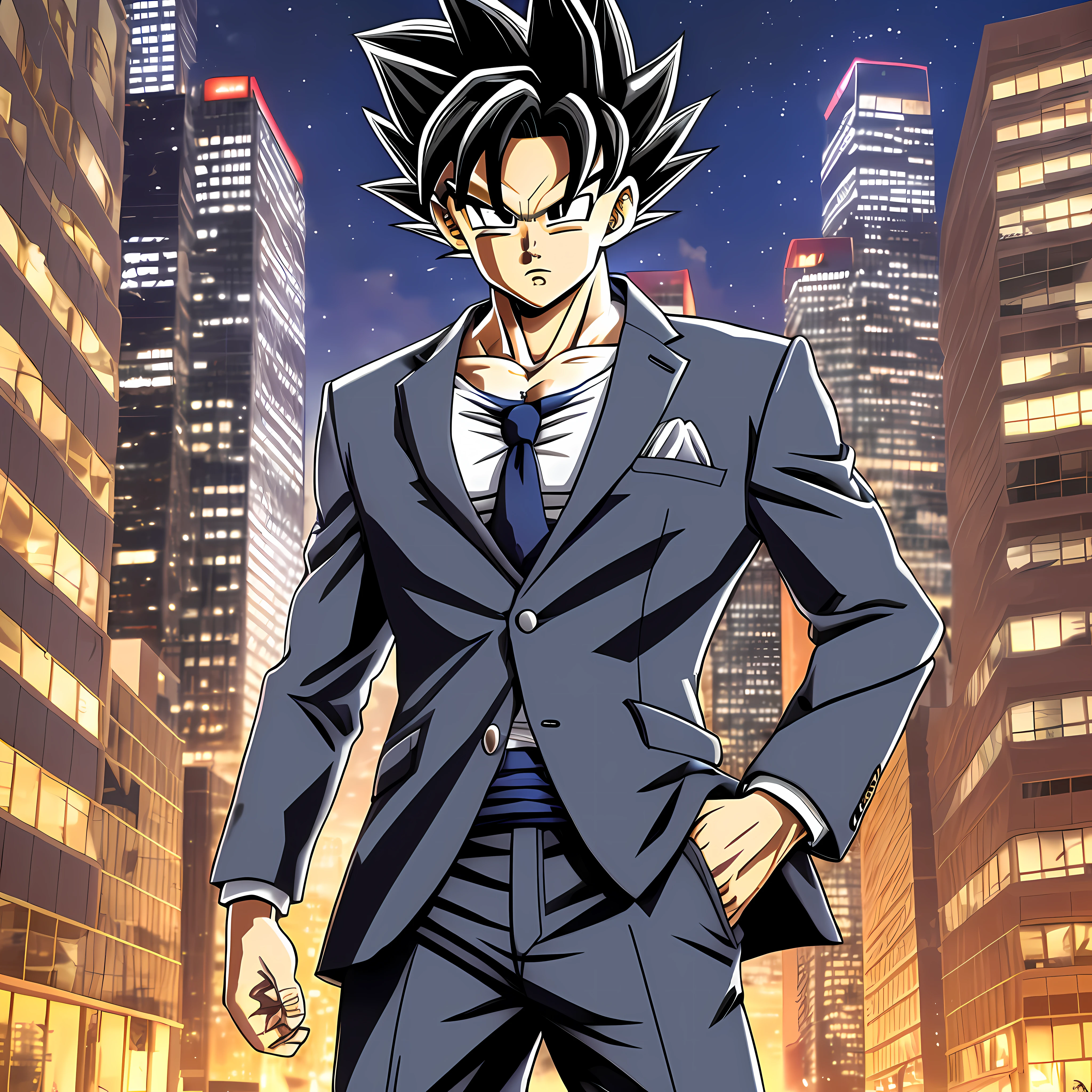 Dragon Ball Son Goku,Business suit,(1male people,AS-Adult, mature:1.4, Idade:1.4, large tall, Handsome),city night scene,high definition detail,tmasterpiece,best qualtiy