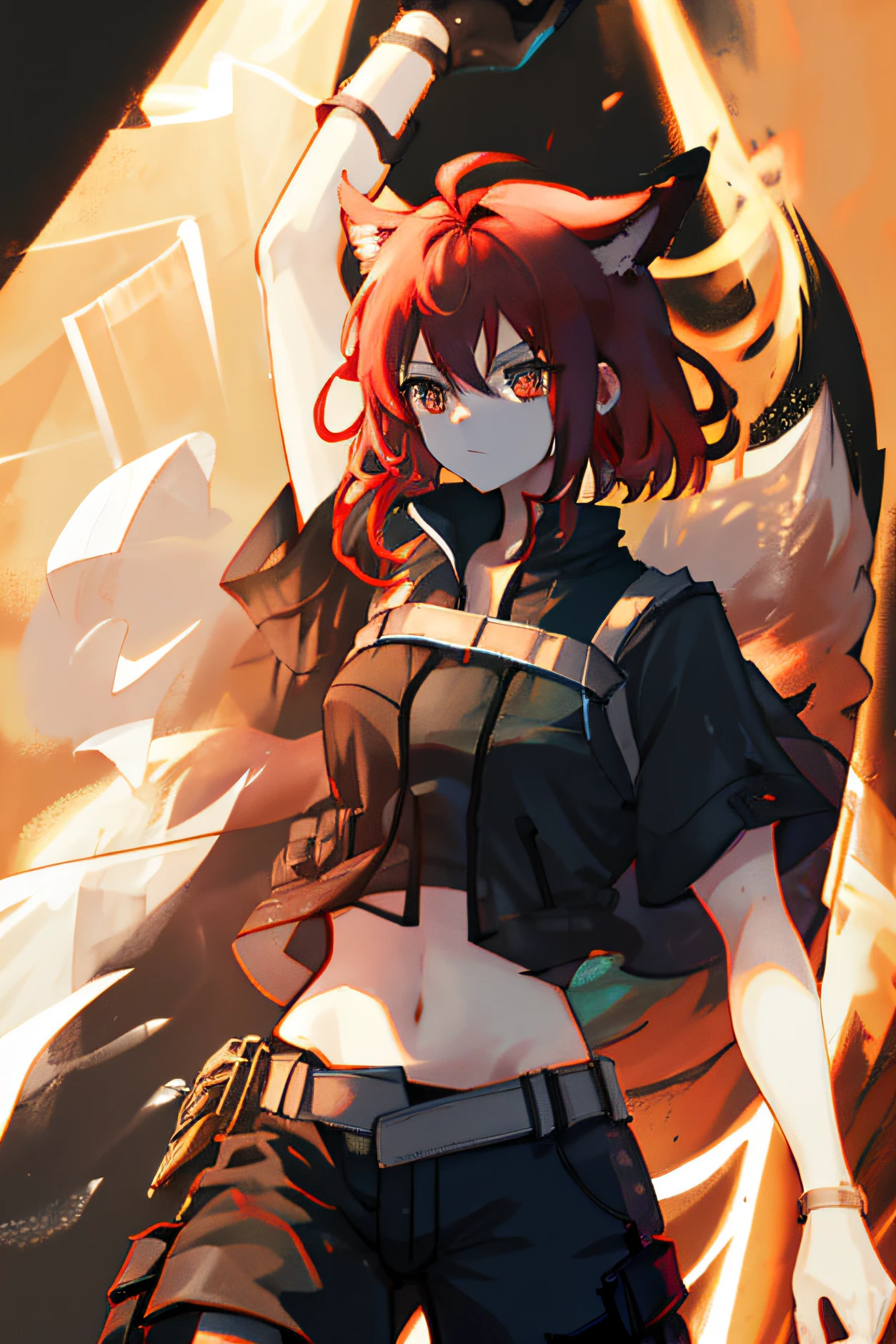 Red-haired girl，Wolf tail hair，Black cargo pants，Black short-sleeved top，Golden eyes，rays of sunshine，Heroic，tmasterpiece，Need