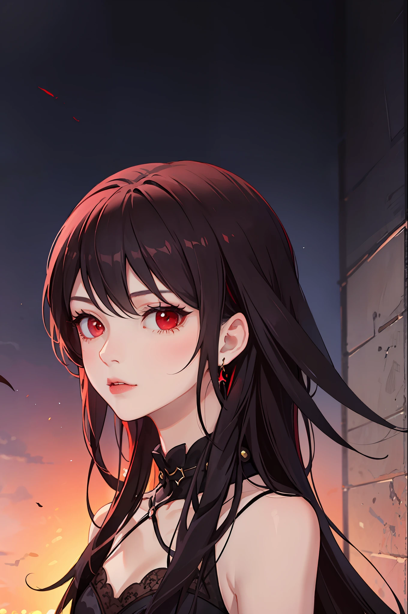 Portrait of a young vampire, teens girl,Red eyes, Long dark hair, Dark clothes,goth style。