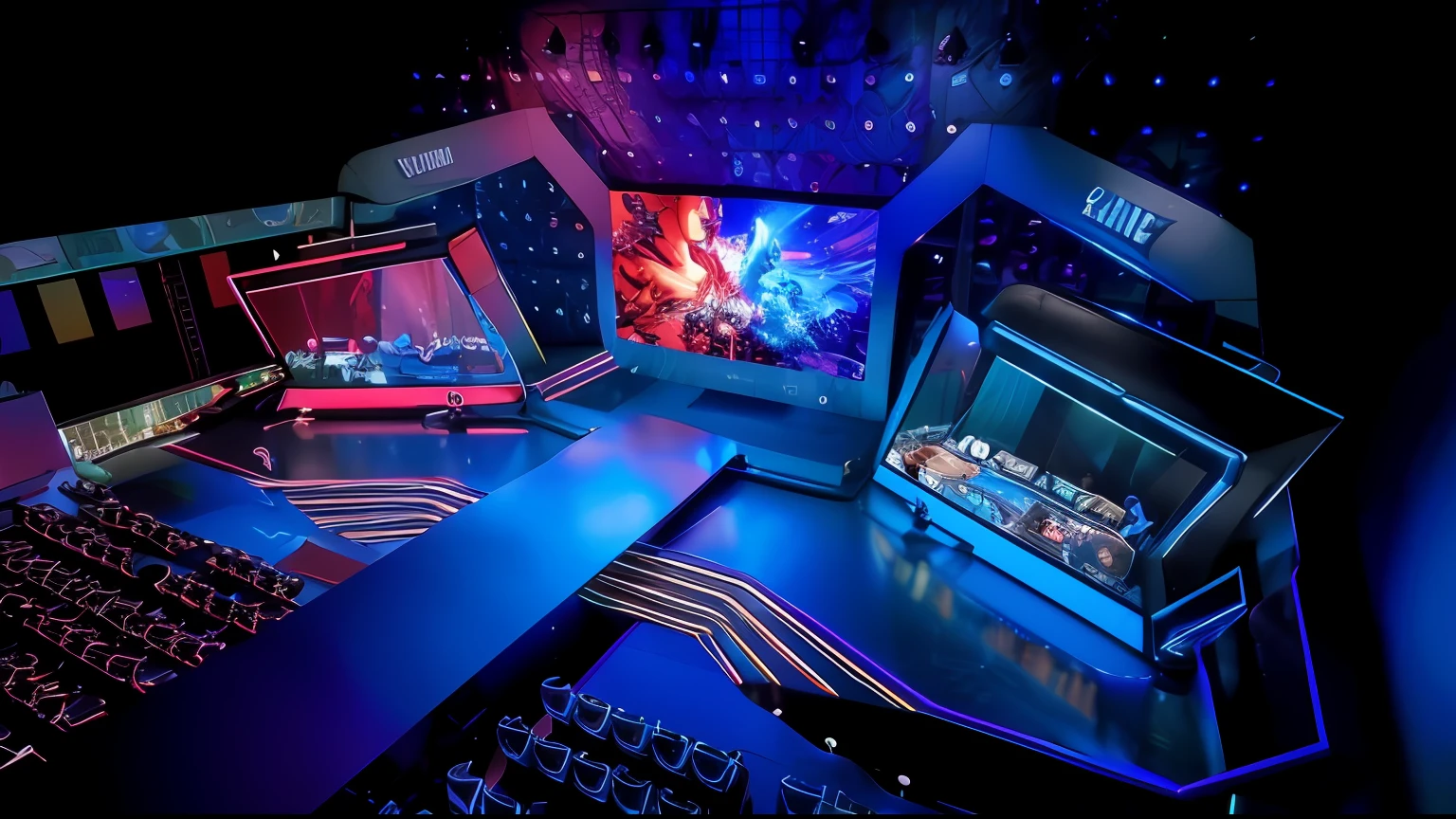 Stage view with laptop and keyboard, game table, gamer screen on metallic desk, Esports, gaming room in 2 0 4 0, gaming bedroom, nipple play, e-sport style, Game Showcase, gaming pc, the fourth race of starcraft 2, gamer themed, amazing depth, 8 K high detail concept art