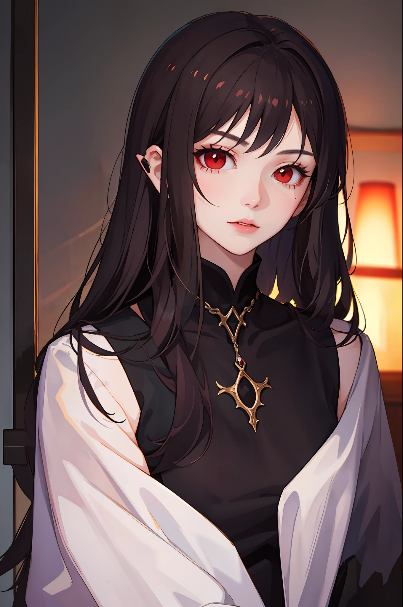 Portrait of a young vampire, s girl,Red eyes, Long dark hair, Dark clothes,goth style。