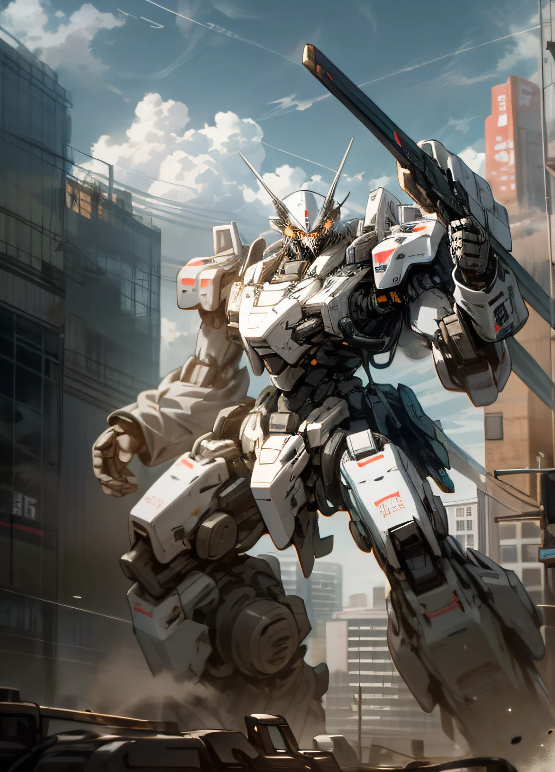 sky, cloud, holding_weapon, no_humans, glowing, , robot, building, glowing_eyes, mecha, science_fiction, city, realistic,mecha