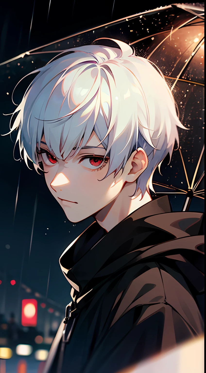 kk, best quality, more details, masterpiece, 1boy, kaneki ken, portrait, male focus, red eyes, solo, bangs, looking at the audience, hood, short hair, rain, tokyo tokyo \(city\), hood, nail polish, white hair, luxury, 8k, detail, ray tracing, depth of field, movie lighting, --auto