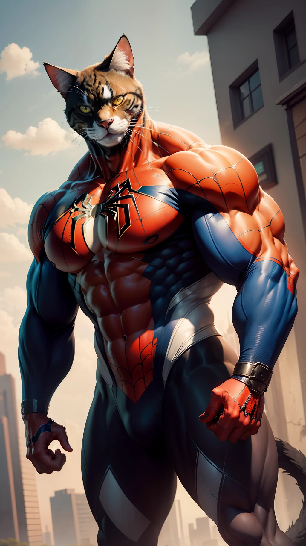 arafed cat with big arms and big body, cat with spiderman body, chonker cat, giant cat monster, spiderman cat hybrid, big muscles, muscular character, extreme muscles, very beautiful. big muscle, muscular and scary, muscular character
