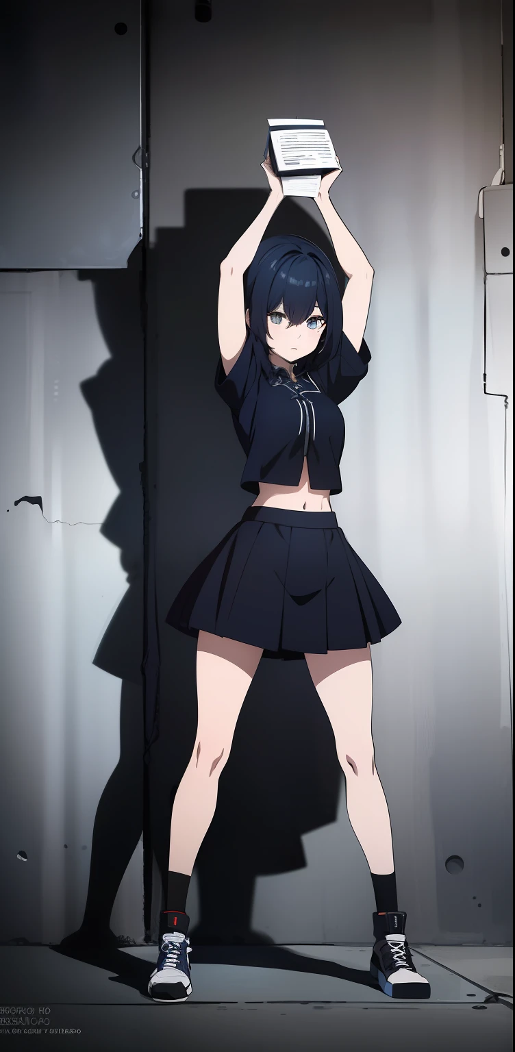 anime girl, short blue hair, rostro serio, camisa blanca, falda azul, senos medianos, brazos arriba, cuerpo completo, cuerpo detallado, cuerpo femenino, mirando al espactador,