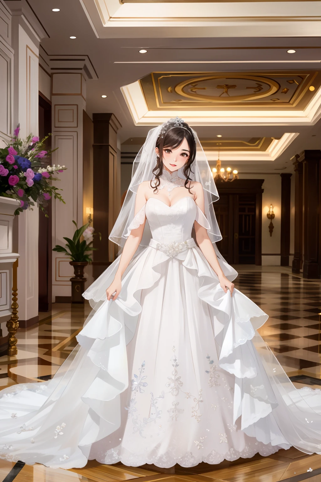 Arapei poses for a photo in a white wedding dress in a bride, Wearing a wedding dress, shaxi, Bride, Wedding dress, jinyiwei, wei wang, offcial dress, xue han, Cai Xukun, Wedding, Wu Liu, luxurious wedding, kaftan, Eat Zhuoxin, xision wu, jen zee, full-body xianxia, Lu Ji