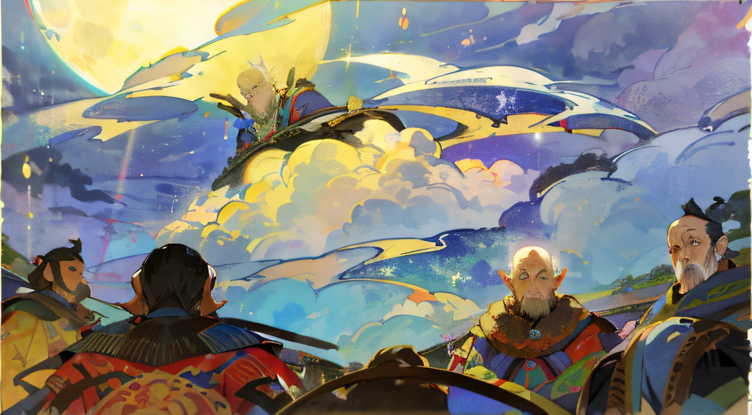 mito，Clouds，themoon，multiple persons，A old man，woman