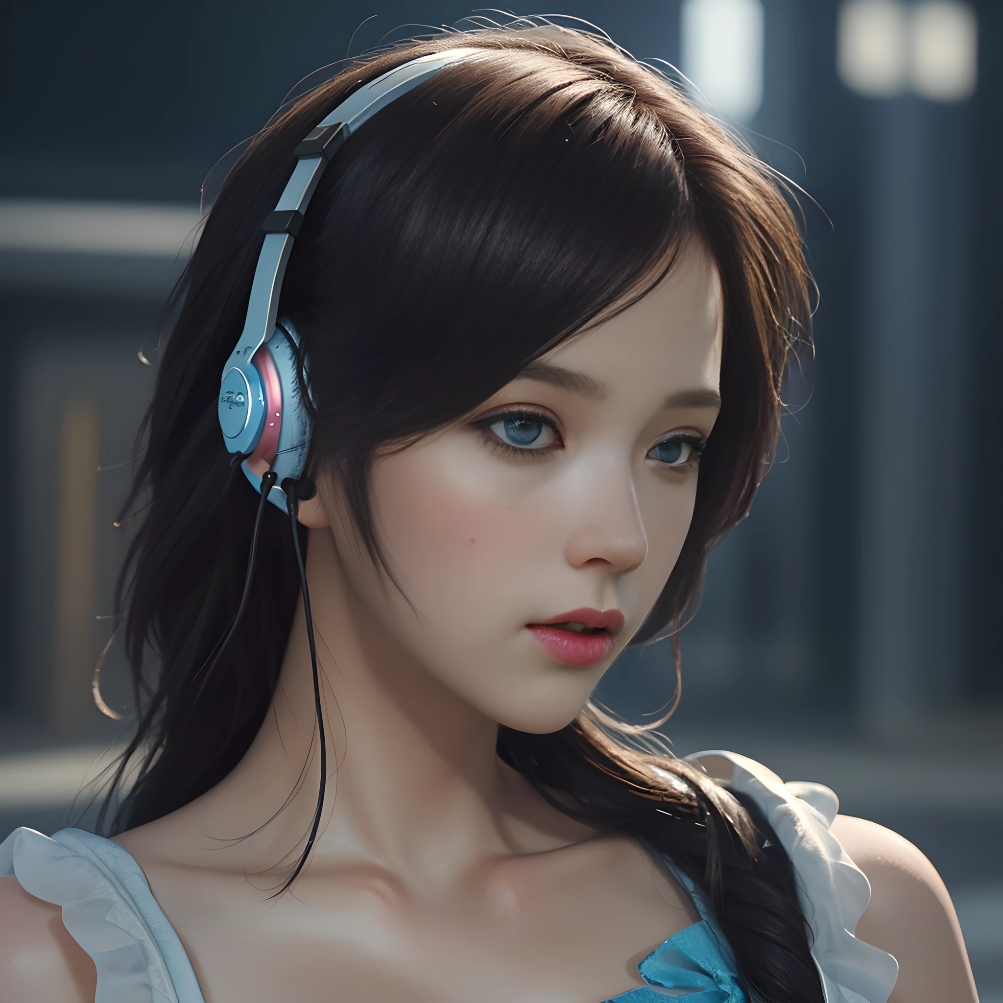RAW, (8k, best quality, masterpiece: 1.2), (complex detail: 1.4), (photorealism: 1.4), octane rendering, complex 3d rendering super fine, studio soft light, edge light, vibrant detail, super fine, (realistic skin texture: 2), beautiful delicate face, beautiful delicate eyes, extremely detailed CG uniform 8k wallpaper, makeup, (perfect anatomy), (epic), (masterpiece, top quality, best quality, official art, Aesthetics and aesthetics: 1.2), very detailed, colorful, highest detail (super detail)), (highly detailed CG illustration), (very delicate and beautiful), (viewed from the side), cinematic light, city, 1 girl, solo, headphones, cyberpunk