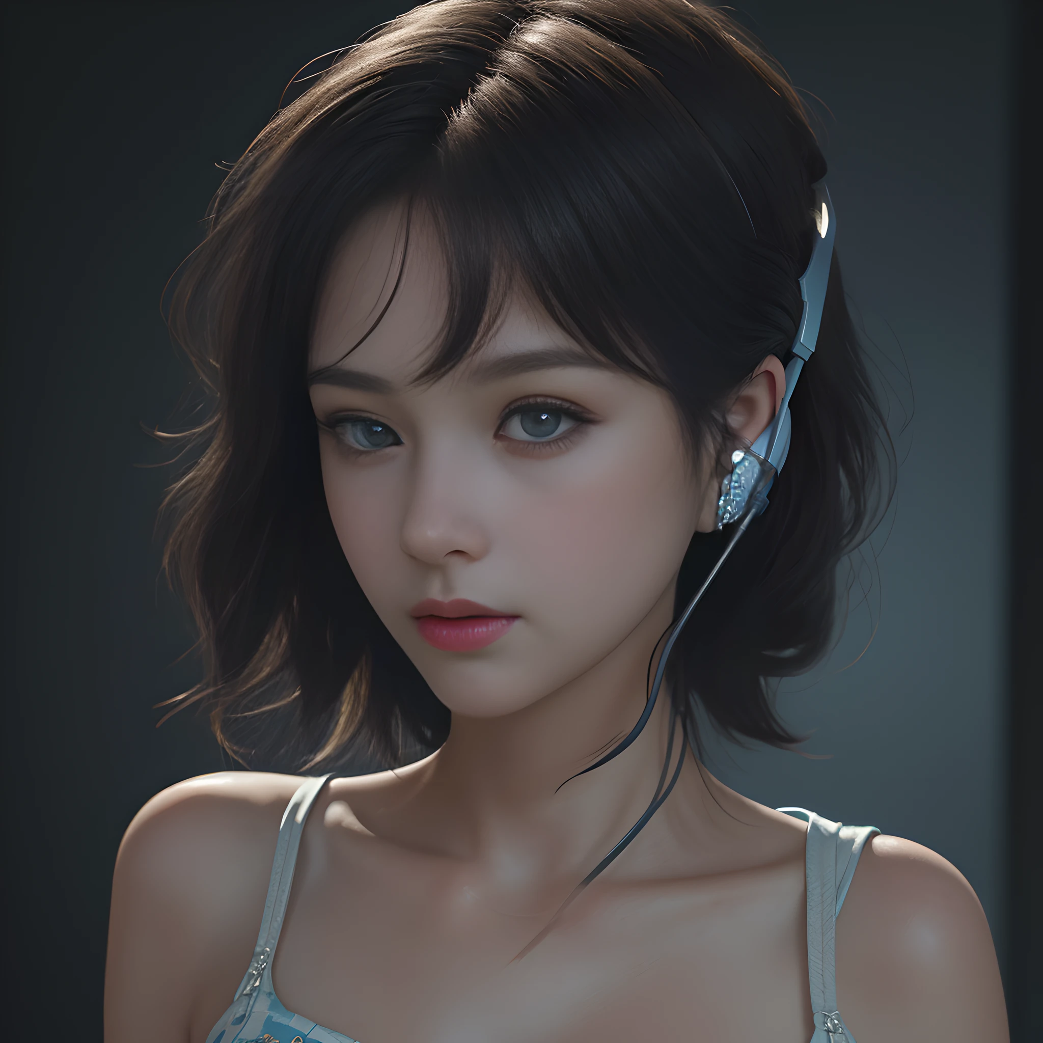 RAW, (8k, best quality, masterpiece: 1.2), (complex detail: 1.4), (photorealism: 1.4), octane rendering, complex 3d rendering super fine, studio soft light, edge light, vibrant detail, super fine, (realistic skin texture: 2), beautiful delicate face, beautiful delicate eyes, extremely detailed CG uniform 8k wallpaper, makeup, (perfect anatomy), (epic), (masterpiece, top quality, best quality, official art, Aesthetics and aesthetics: 1.2), very detailed, colorful, highest detail (super detail)), (highly detailed CG illustration), (very delicate and beautiful), (viewed from the side), cinematic light, city, 1 girl, solo, headphones, cyberpunk