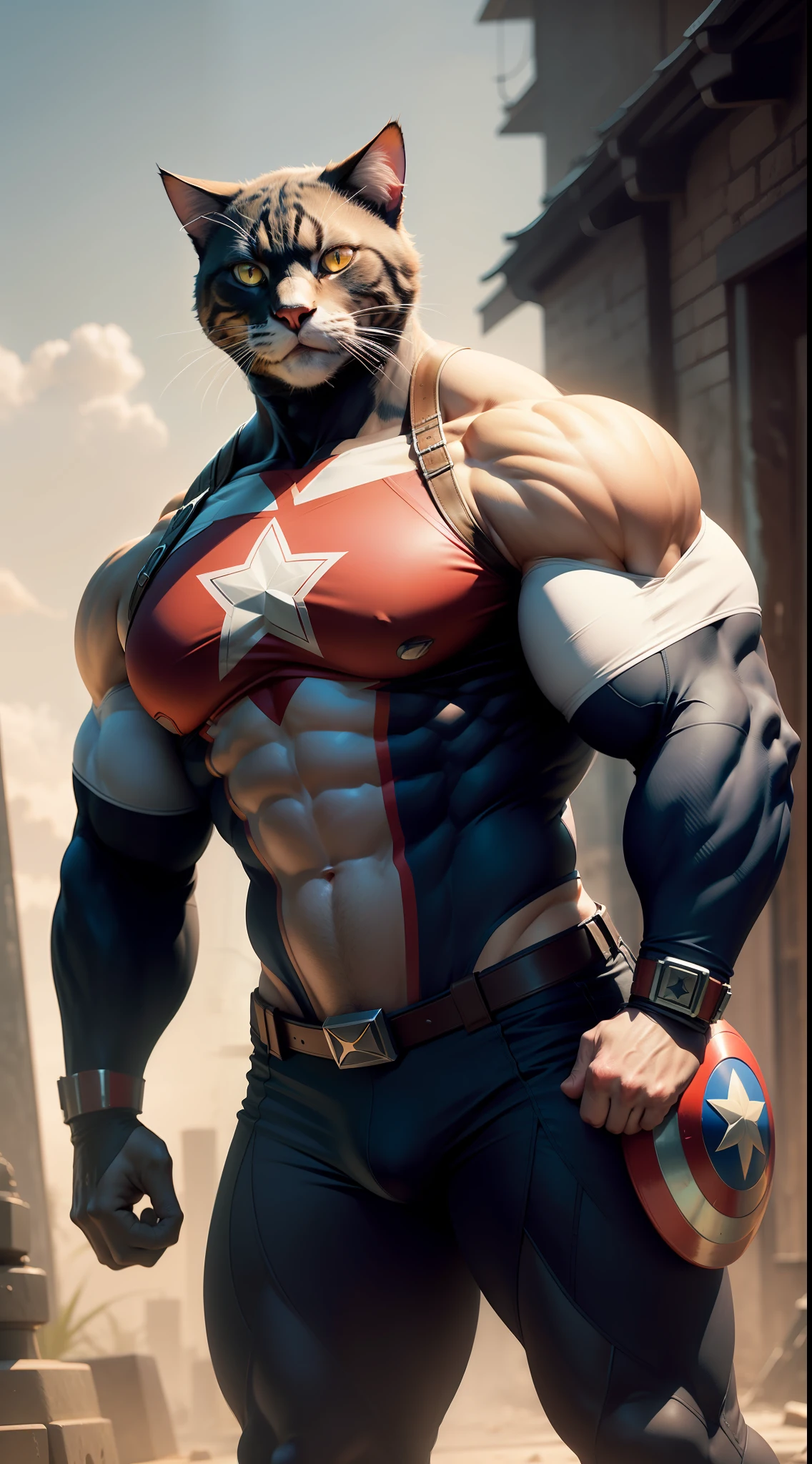 arafed cat with big arms and big body, cat with captain america body, chonker cat, giant cat monster, captain america cat hybrid, big muscles, muscular character, extreme muscles, very beautiful. big muscle, muscular and scary, muscular character