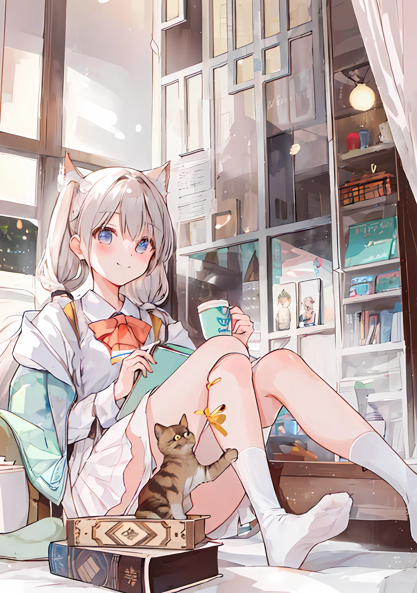 high quality, girl, long hair, twin tails, smiling, blush, high socks, legs, book, coffee, cat, aesthetic lighting, good lighting, realistic lighting, good composition, ultra detailed, detailed eyes