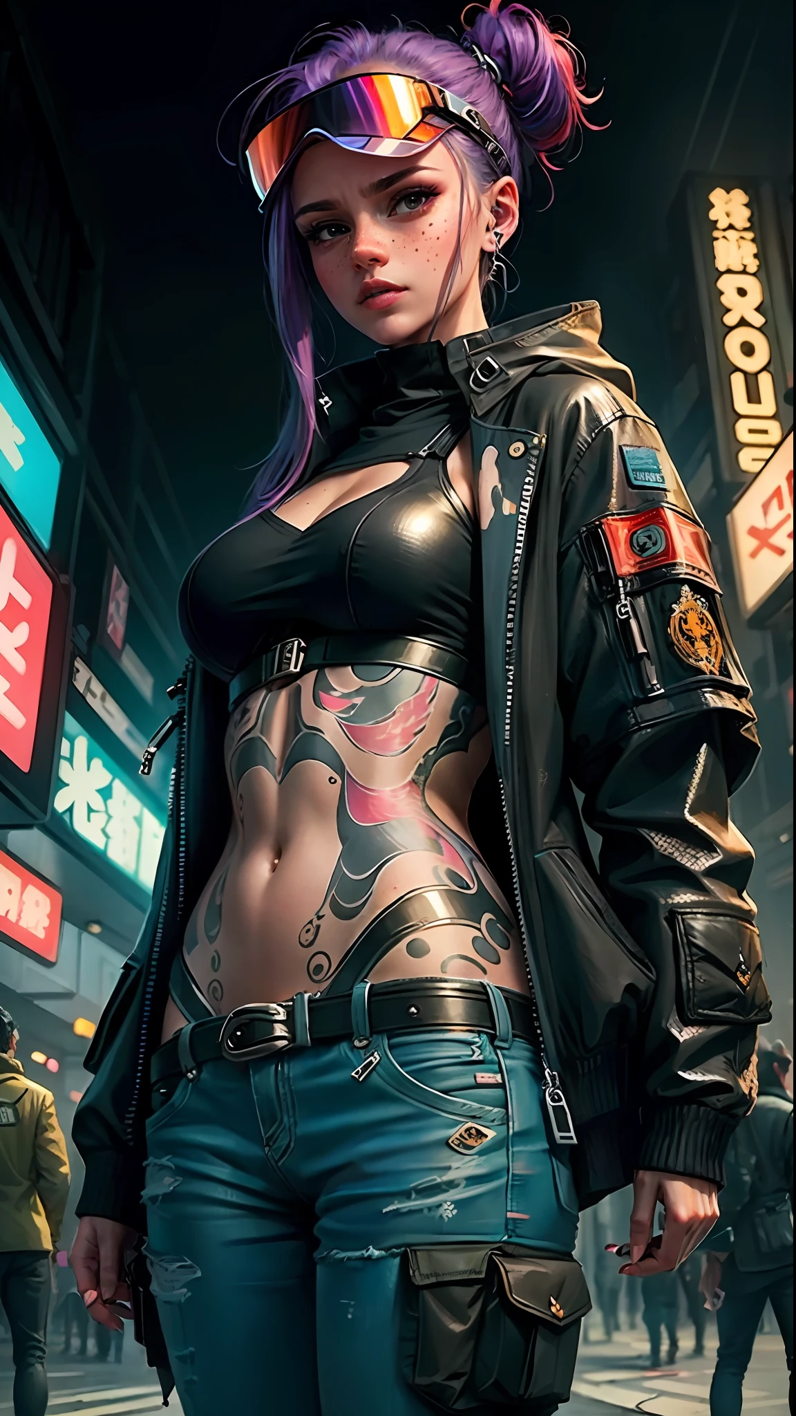 ((Best Quality)), ((Masterpiece)), glasses, militar pants, mature, perfect eyes:1.2, woman face, big breasts, detailed eyes:1.4, ((freckles)), woman, hightech visor, visor, high tech, hacker, irezumi, tattoo, techwear, headphones, messy hair, multicolored hair, purple hair, black jacket, gradient hair, leather clothes, (High Definition:1.3), 3D, Beautiful (Cyberpunk:1.3), Colored hair, militar, black clothes looking at camera, hacker woman, neo tokyo