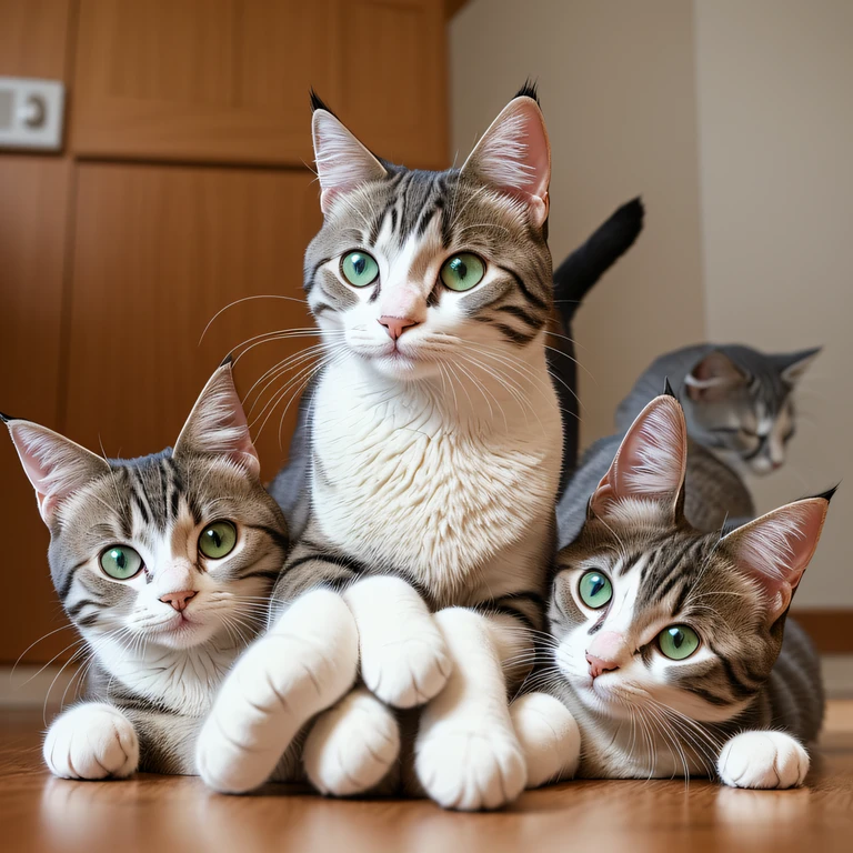 Cute picture of sea double puppets playing with white funny cat stick,The background is in the home of INS Wind --auto