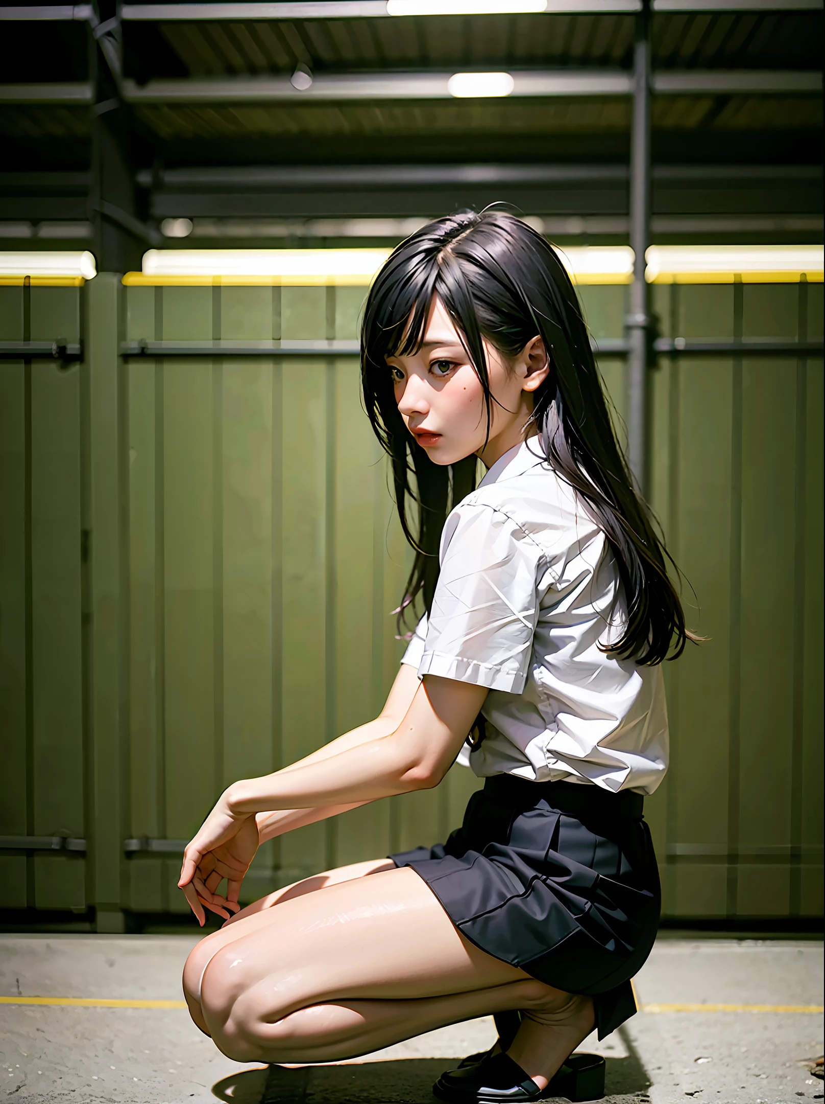 Clear shirt,short skirt,half squatting