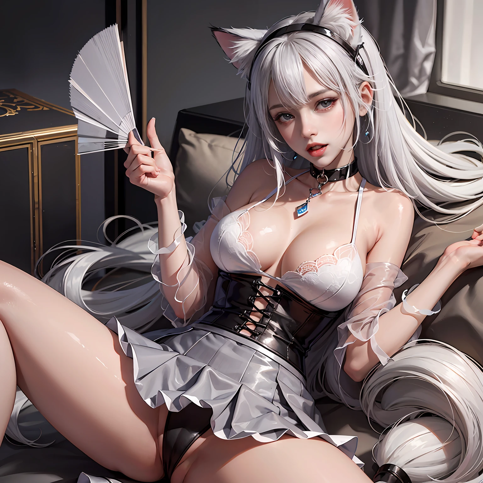 White hair, Heart-shaped pupils, Moles under eyes, Cat ears, grin, Anime style, hyper HD, 16k,Lori huge breasts cleavage,tmasterpiece,Need,Go to clothes,nakeness --auto