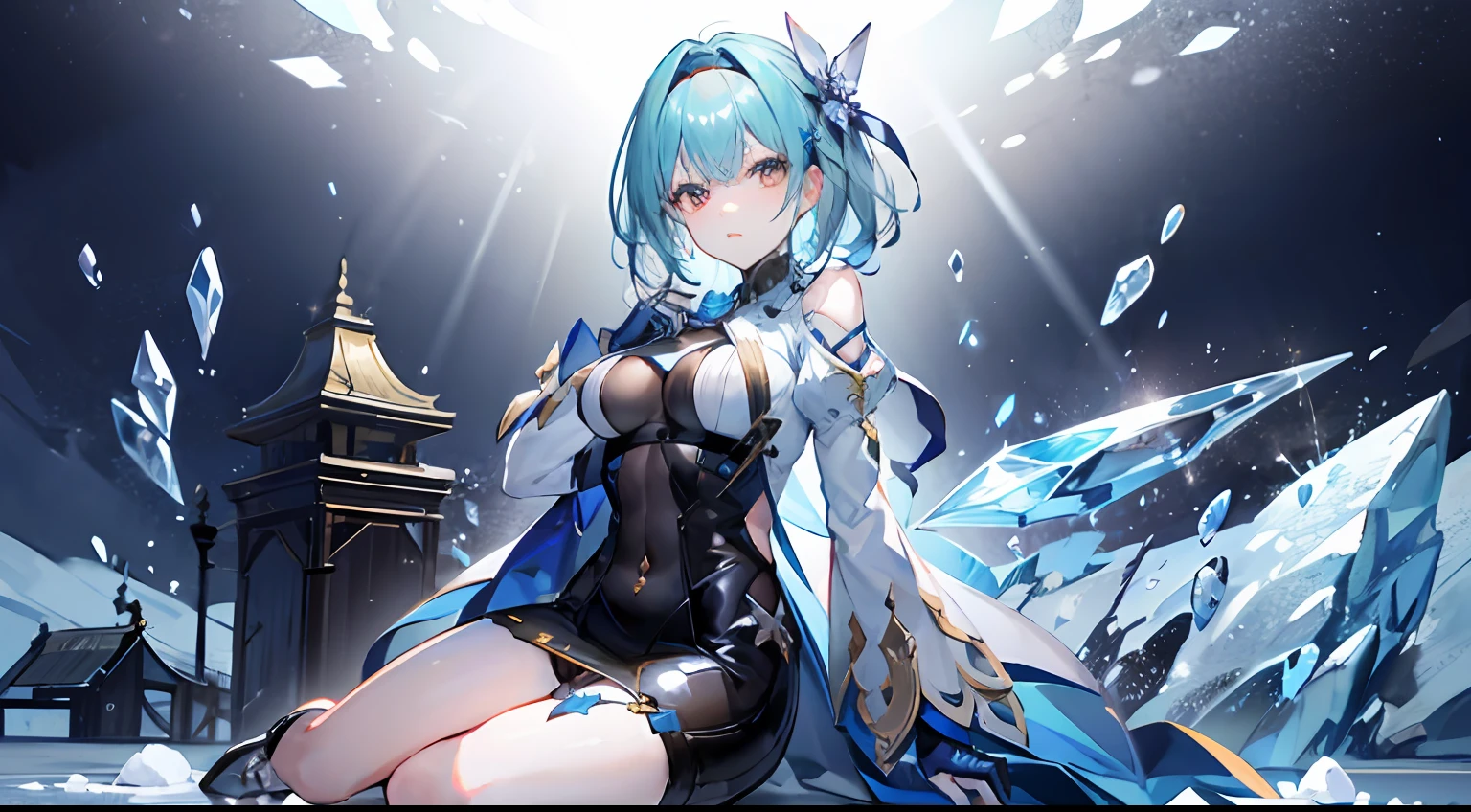 （Highest image quality）、（Works of masters）、（ultra - detailed：1.3）、（Detailed eye description：1.0）、1girll、blue hairs、Stockings、shairband、upper legs、longer sleeves、mitts、tiese、By bangs、Deep golden eyes、（short detailed hair：1.5）、tightsuit、hair adornments、black hair band、cloaks、（shiny skins）、 （dynamicposes：1.1），（Sit on your knees），（vertical view：1.3），looki at viewer， （Ice floe magic：1.2）、（snowflower）、exteriors、lakes、llight rays、Caustics、（Morning），clean backdrop