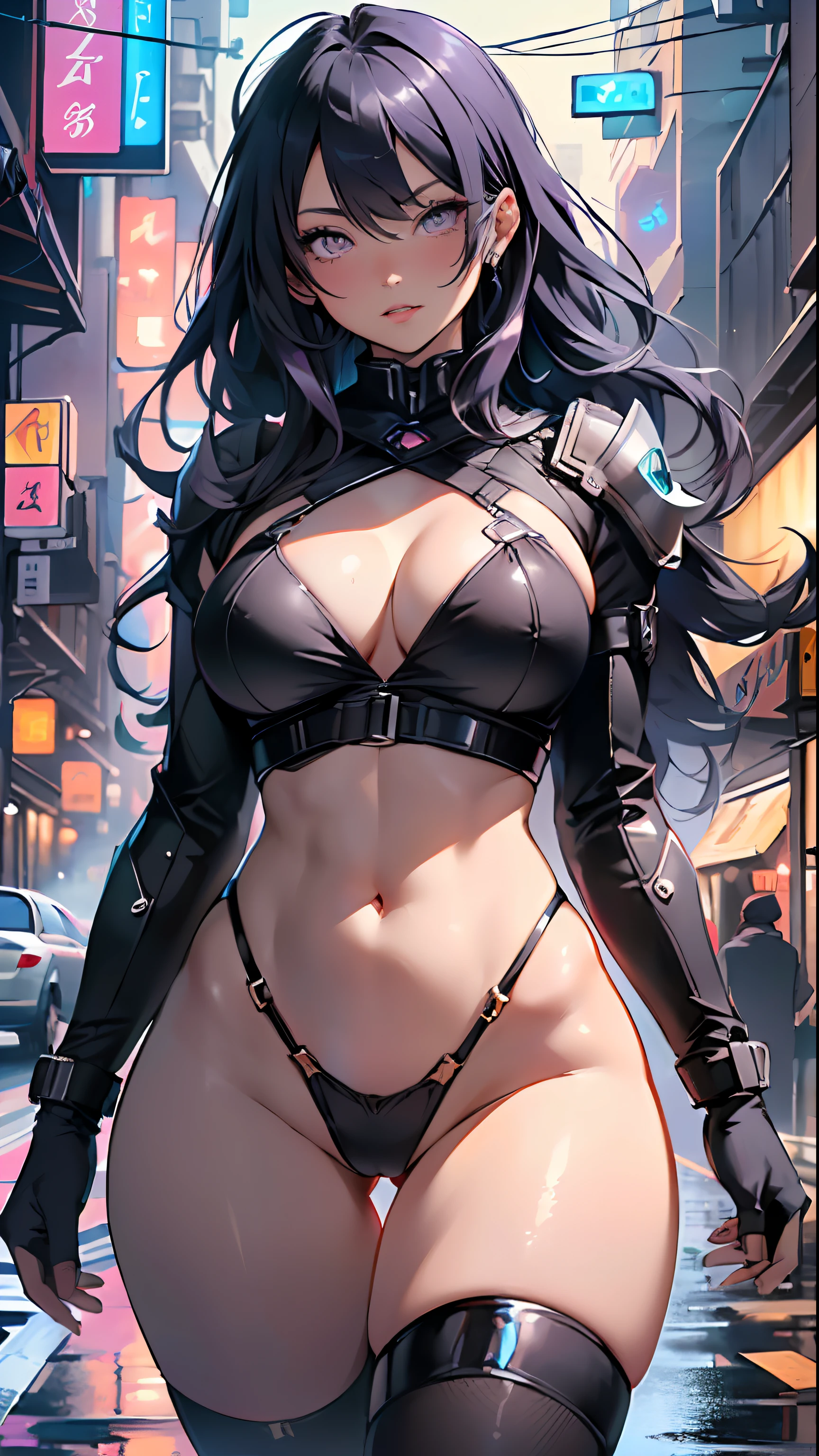 girl spacepunk,(1girl:1.3),((extremely cute and beautiful black haired anime girl walking down the street)),
(large breasts:1.4),saggy breasts,(((black wavy hair:1.35,absurdly long unkempt hair,messy hair,colored inner hair,ear breathing))), ((purple eyes:1.3,upturned eyes:1.3,perfect eyes,beautiful detailed eyes, rainbow glows ultra-detailed deep pink purple eyes:1.1,gradient eyes:1, finely detailed beautiful eyes:1,symmetrical eyes:1,big highlight on eyes:1.2)),(fat:1.2), (((lustrous skin:1.5, bright skin: 1.5,skin tanned,shiny skin,very shiny skin,shiny body,plastic glitter skin,exaggerated shiny skin))),(spider lower abdomen,narrow waist,wide hip,athletic body, inflated legs,delicate detailed fingers,detailed body,detailed arms, human hands,detailed hands,),
cute, slutty, seductive, erotic, nsfw,
zettai ryouiki,revealing clothing,show skin,(wearing a mechanical space body armor:1.3,micro bikini, bare legs),with micro clothes,almost totally naked,with little clothing,tiny thong,generous neckline,(detailed outfit, detailed clothes),
(dynamic pose:1.0), solo focus, embarrassed, centered, scale to fit dimensions, Rule of thirds,
outdoors, ((night view)), (cyberpunk night street Background: 1.5,dark sky,alleyway,thick clouds, detailed background:1.25),
(best quality), (high resolution), (sharp focus), (ultra detailed), (extremely detailed), (extremely high quality artwork), 8k_wallpaper, (extremely detailed CG 8k),(very fine 8K CG), ((hyper super ultra detailed perfect piece)), flawless, (((masterpiece))), illustration, vibrant colors, (intricate), High contrast, Selective lighting, Double exposure, HDR (High Dynamic Range), Post-processing, Background blur,