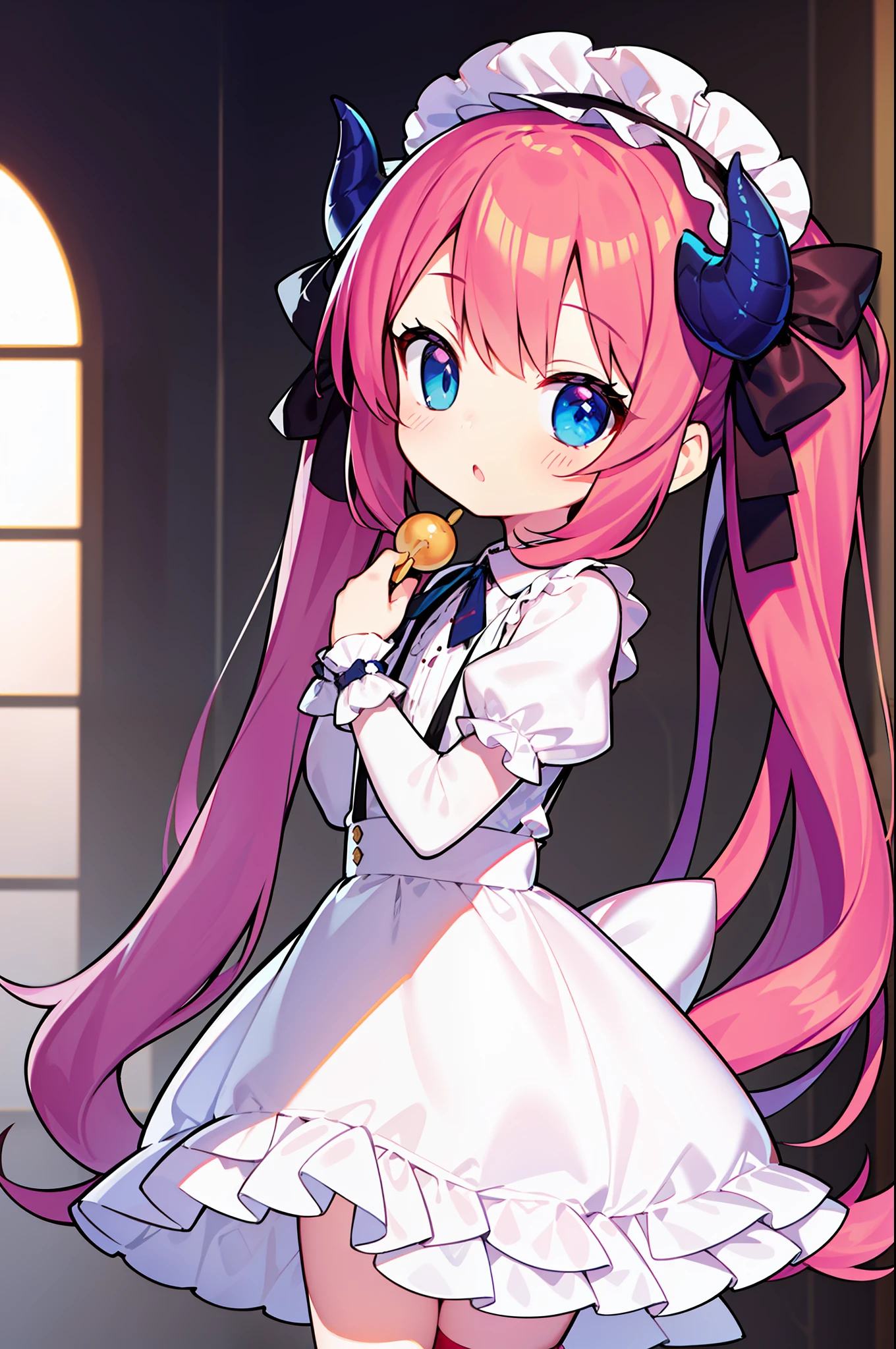 {{best quality}}, {{masterpiece}}, {{ultra-detailed}}, {illustration}, {detailed light}, red hair,blue eyes,twintails,lolita,Suspenders skirt,Fantastic,loli,solo,Dragon horns,little girl,long hair