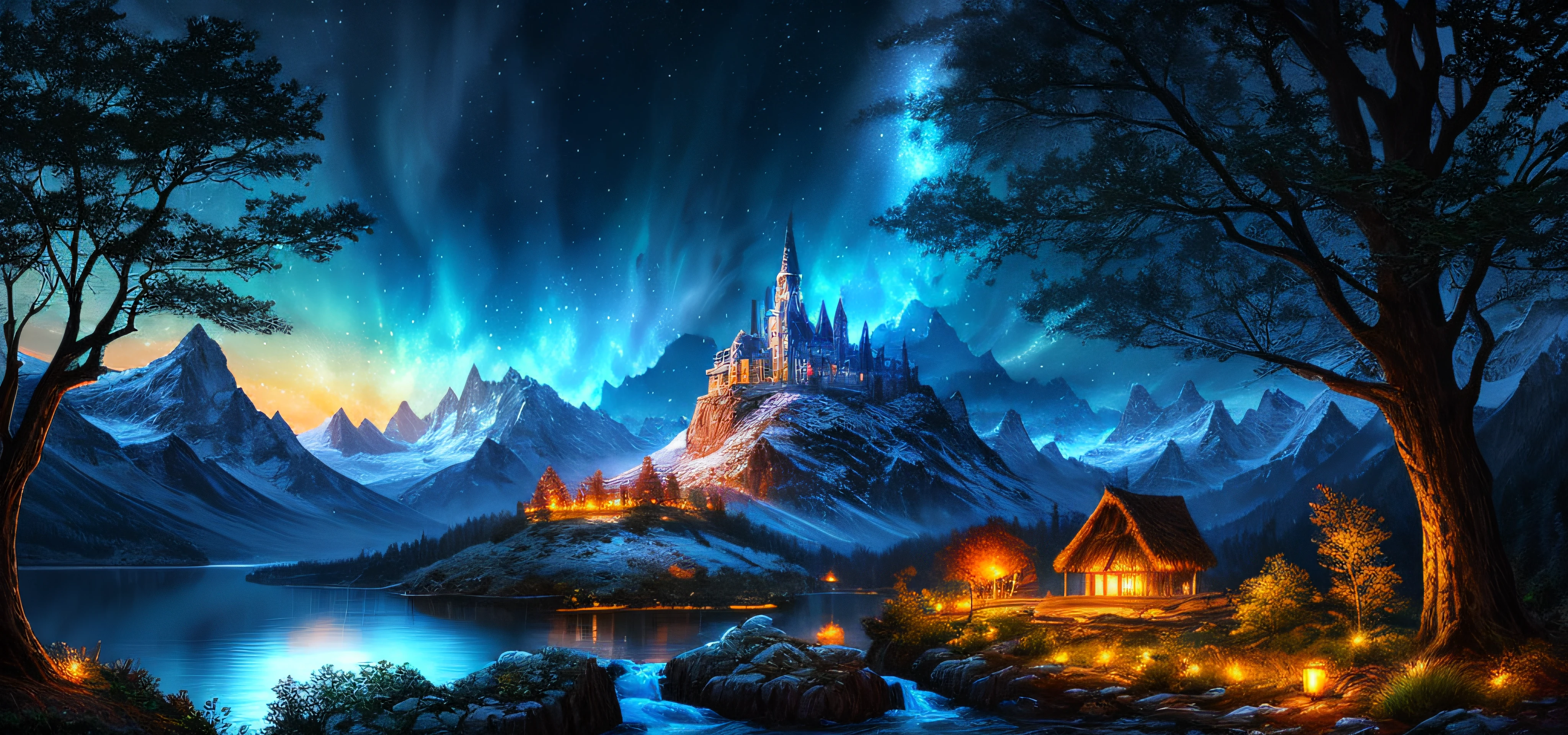 best quality, masterpiece, beautiful wild and natural fantasy landscape with glowing lights