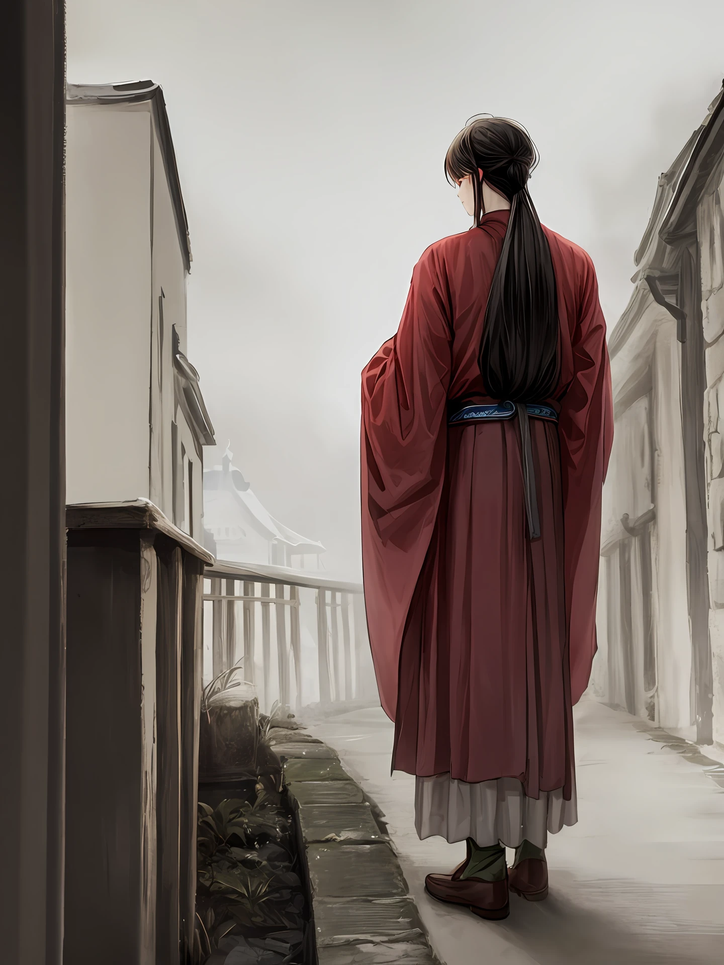 Ancient maiden,Wearing Hanfu, he turned his back to look at me,