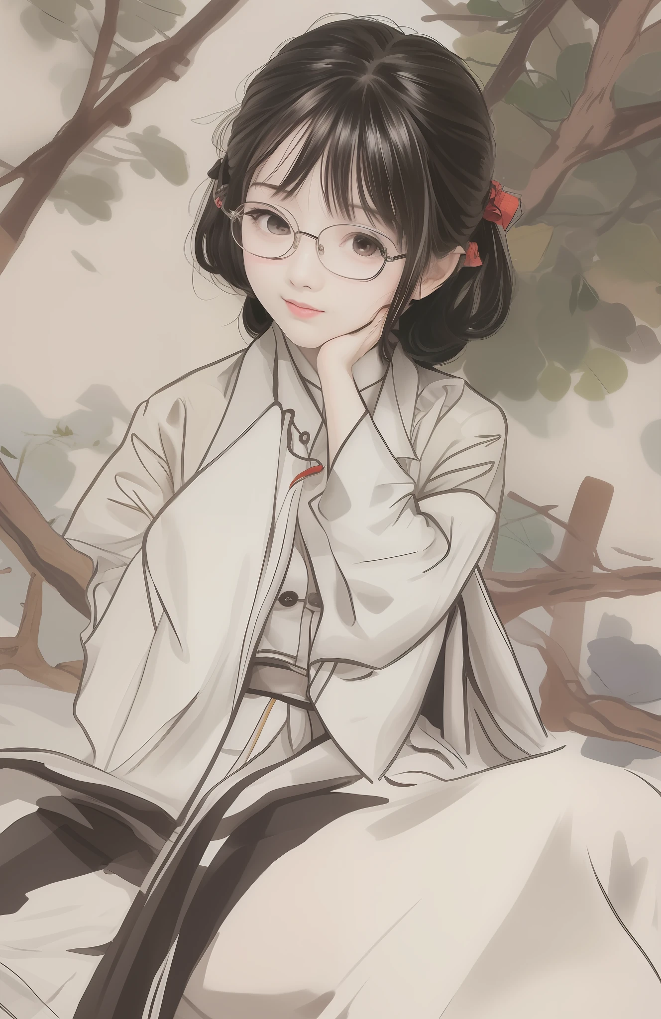 One wears glasses，Girl in white cheongsam reading under a tree