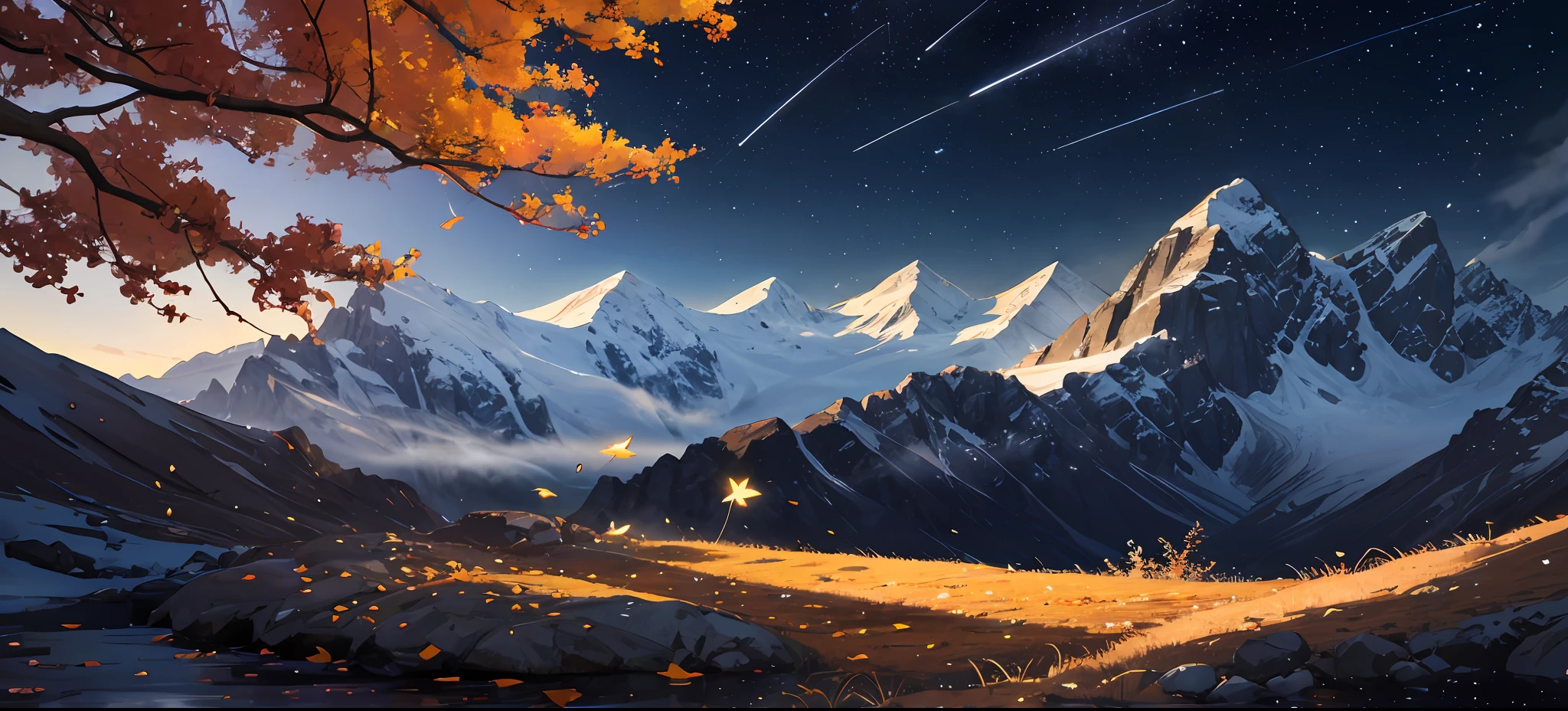 Landscape, mountain view, floating leaves, autumn, light and shadow, dream, shooting stars, evening