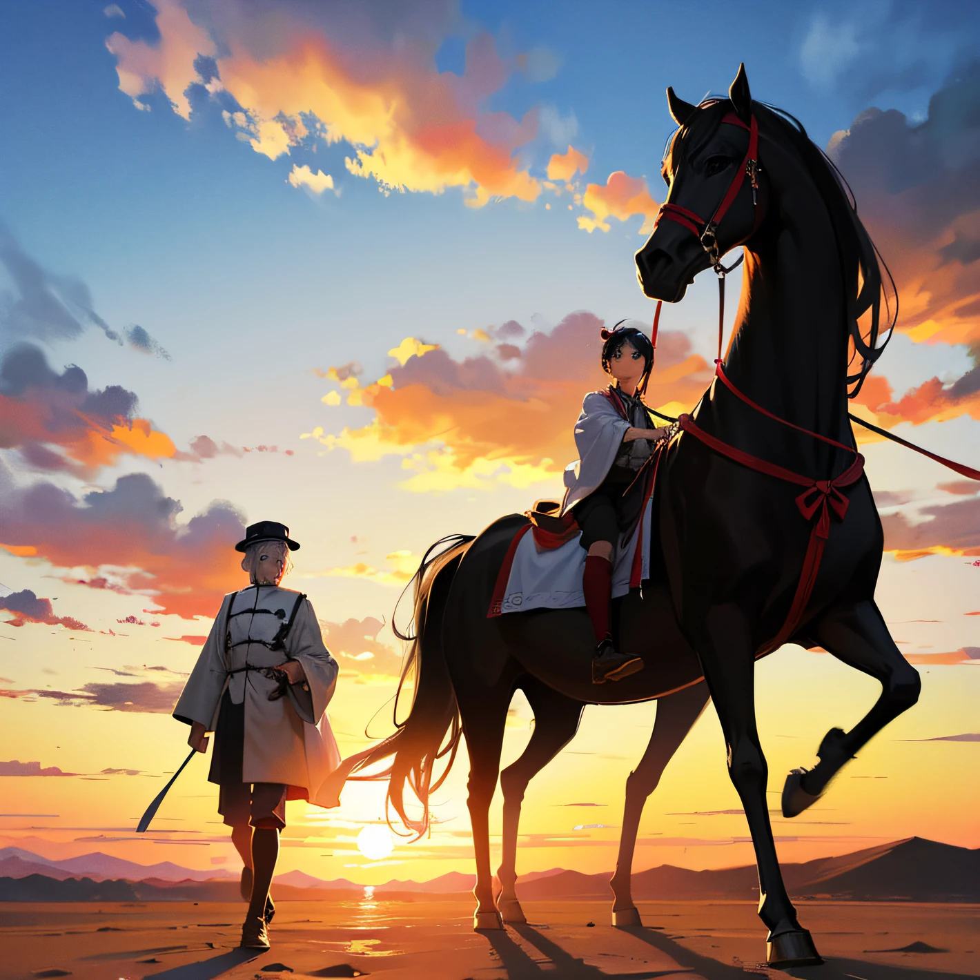 An old Chinese man leads a black war horse，Walk on the desert，Sunset，It was very windy，The sky is blue --auto