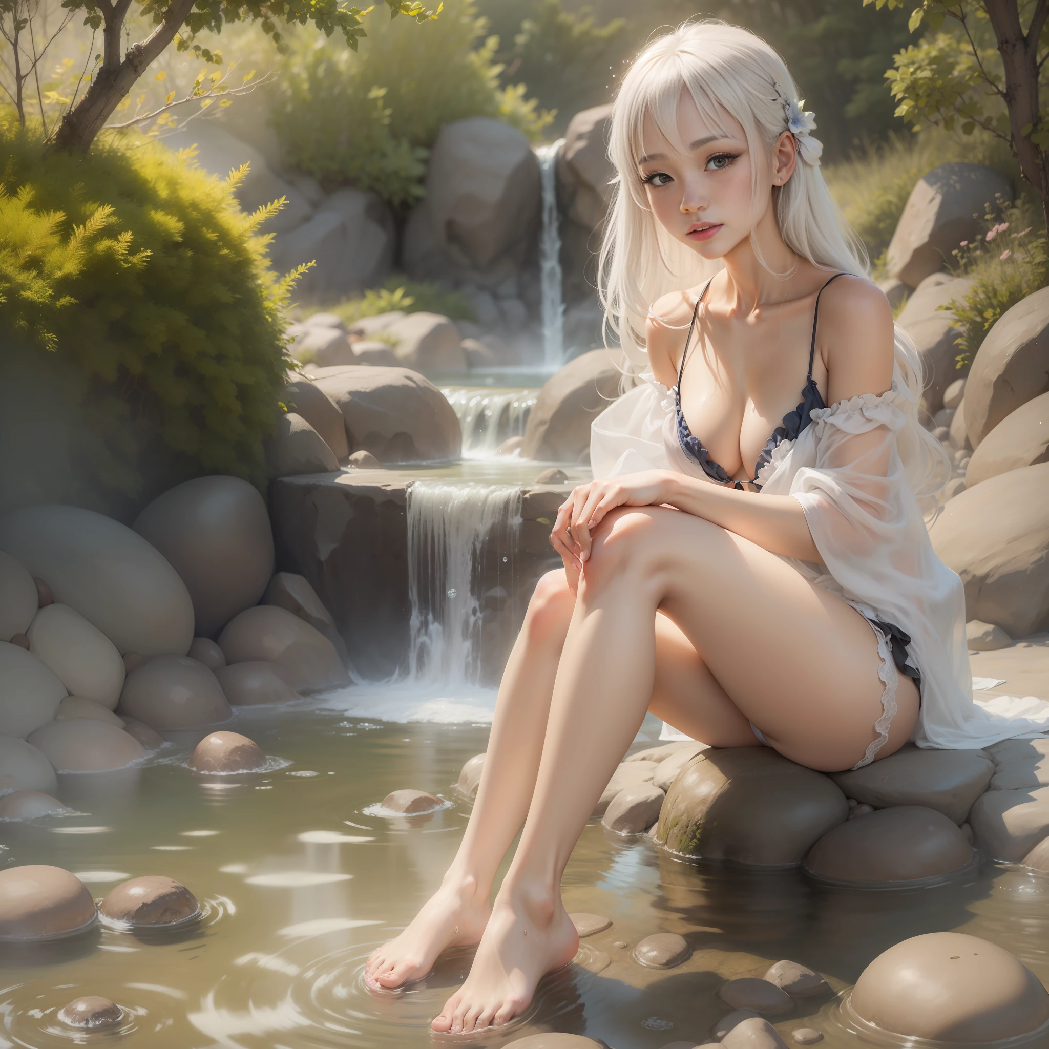 White hair, High-value beauty, 178cm hot spring scene, Dewdrops, Bare feet