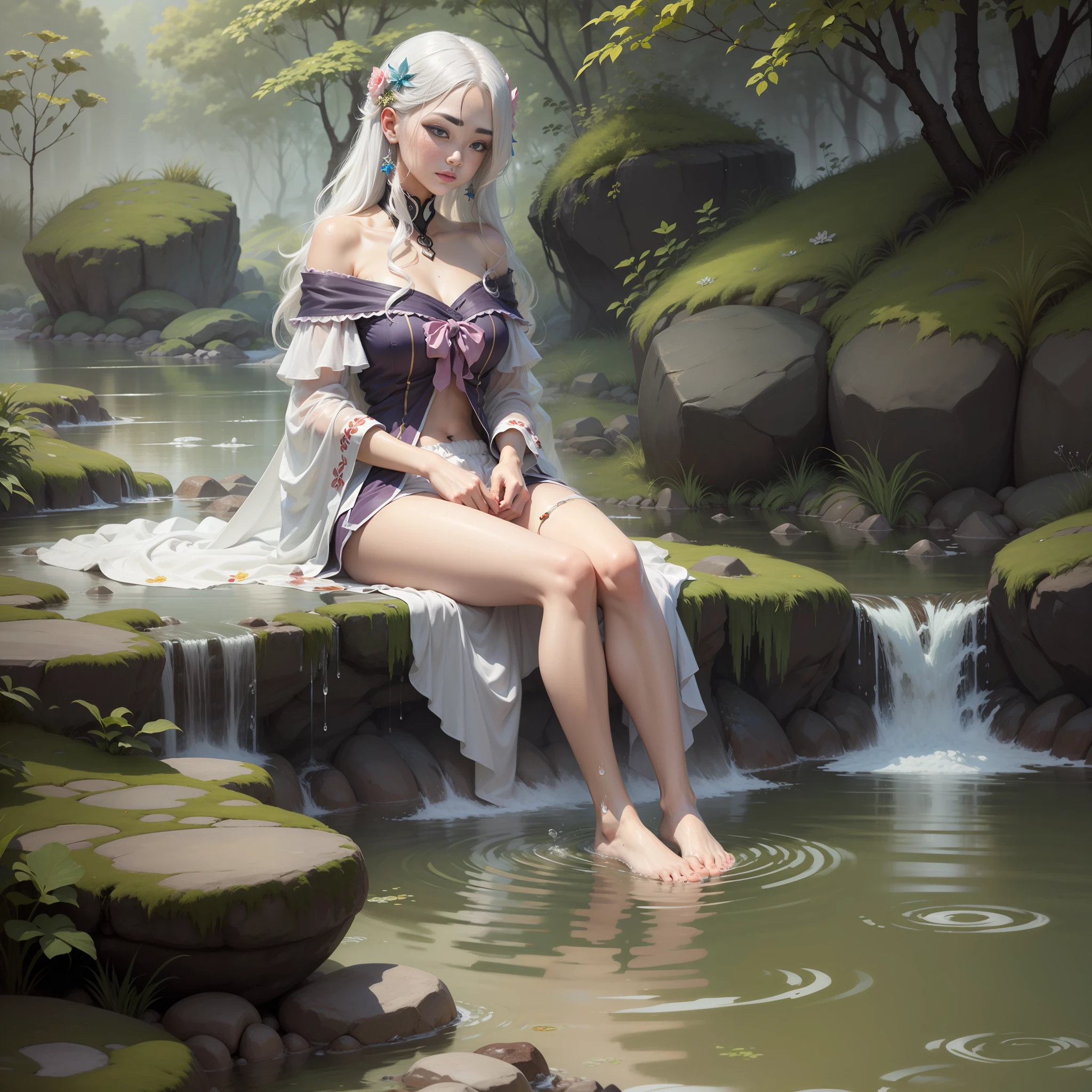 White hair, High-value beauty, 178cm hot spring scene, Dewdrops, Bare feet