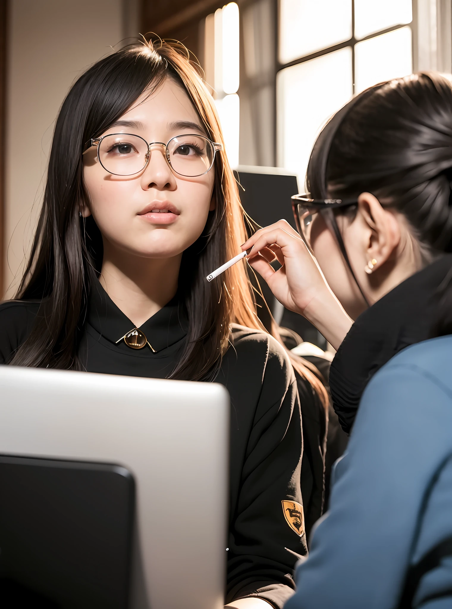 The woman sits at the table，Smoking and laptops, wearing thin large round glasses, wenfei ye, wearing small round glasses, Choi Hyun-hwa, xintong chen, She is seen wearing streetwear pieces, Gemma Chen, a girl with round glasses, jaeyeon nam, lulu chen, chengyou liu, wenjun lin, Yoshitomo Nara