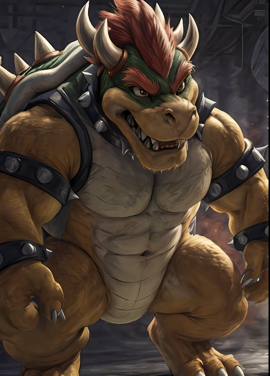 Kemono,Bowser, Nintendo , background em chamas, fogo, bowser no meio de chamas, atletic, olhos deatiled, Escuro, ofuscar, retrato, (pose de luta), fear expression, dente canino, disco Rigido, sombras escuras, wide dynamic range, HDR, Baixa luz:1.2, Directed by: Daeni Pinho, (por ruaidri), por virtyalfobo, 4K分辨率, renderizado, perfect hands, dedos perfeitos