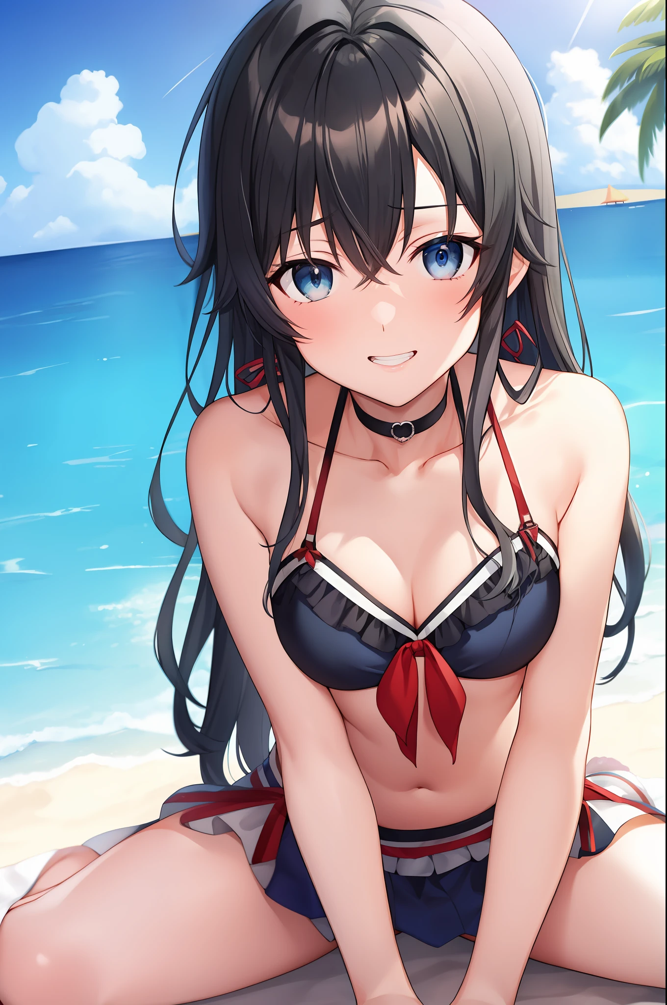 2D, Masterpiece, Best quality, Anime, Blue eyes, Long hair, Small breasts, Black hair, cleavage, Sexy bikini,beach,(yukinoshita yukino),A shallow laugh