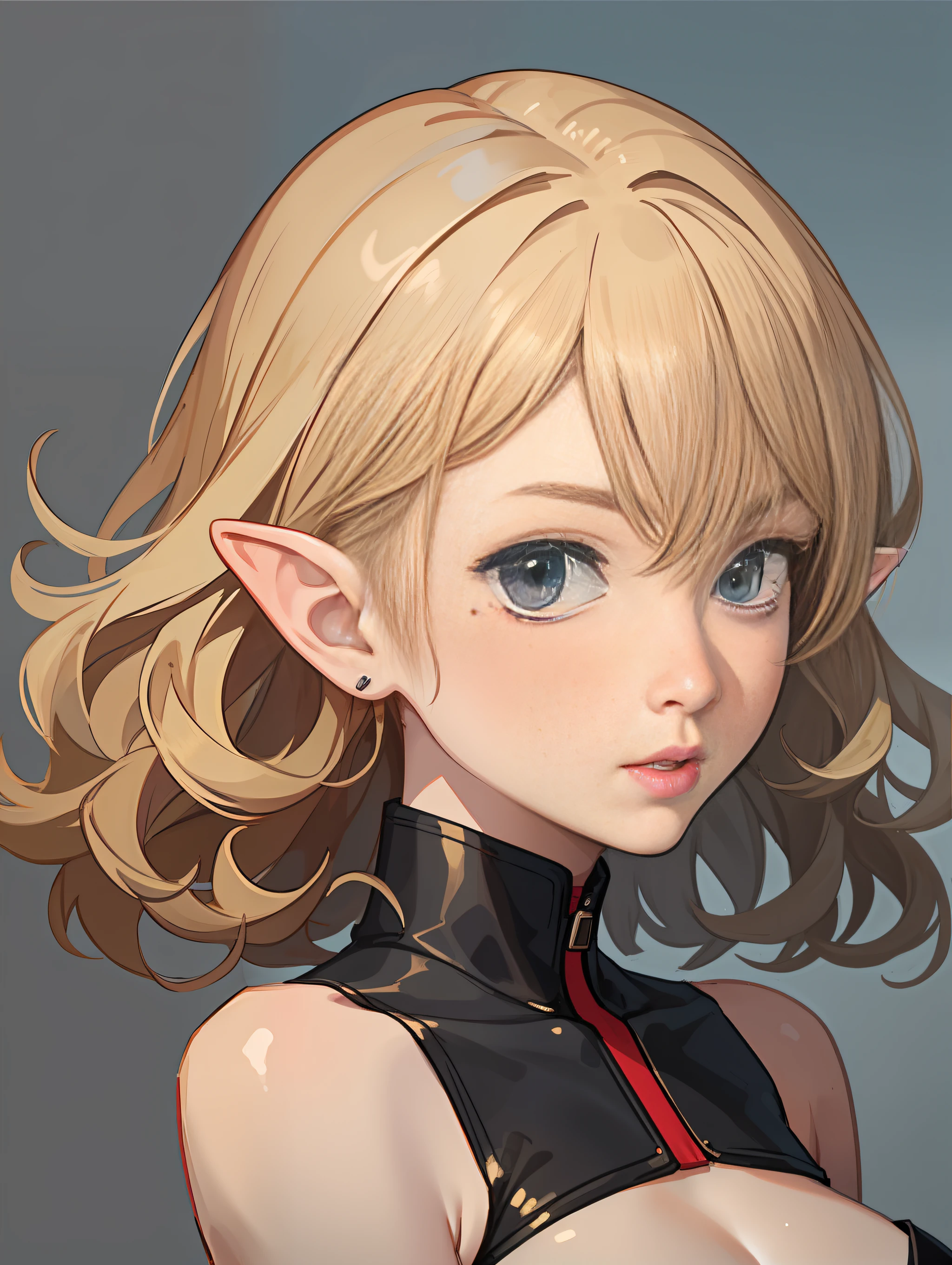 Cute girl, The upper part of the body, blonde hair, curly hair, mole under eye, pointy ears, masterpiece, anatomically correct, super detail, high details, high quality, award winning, best quality