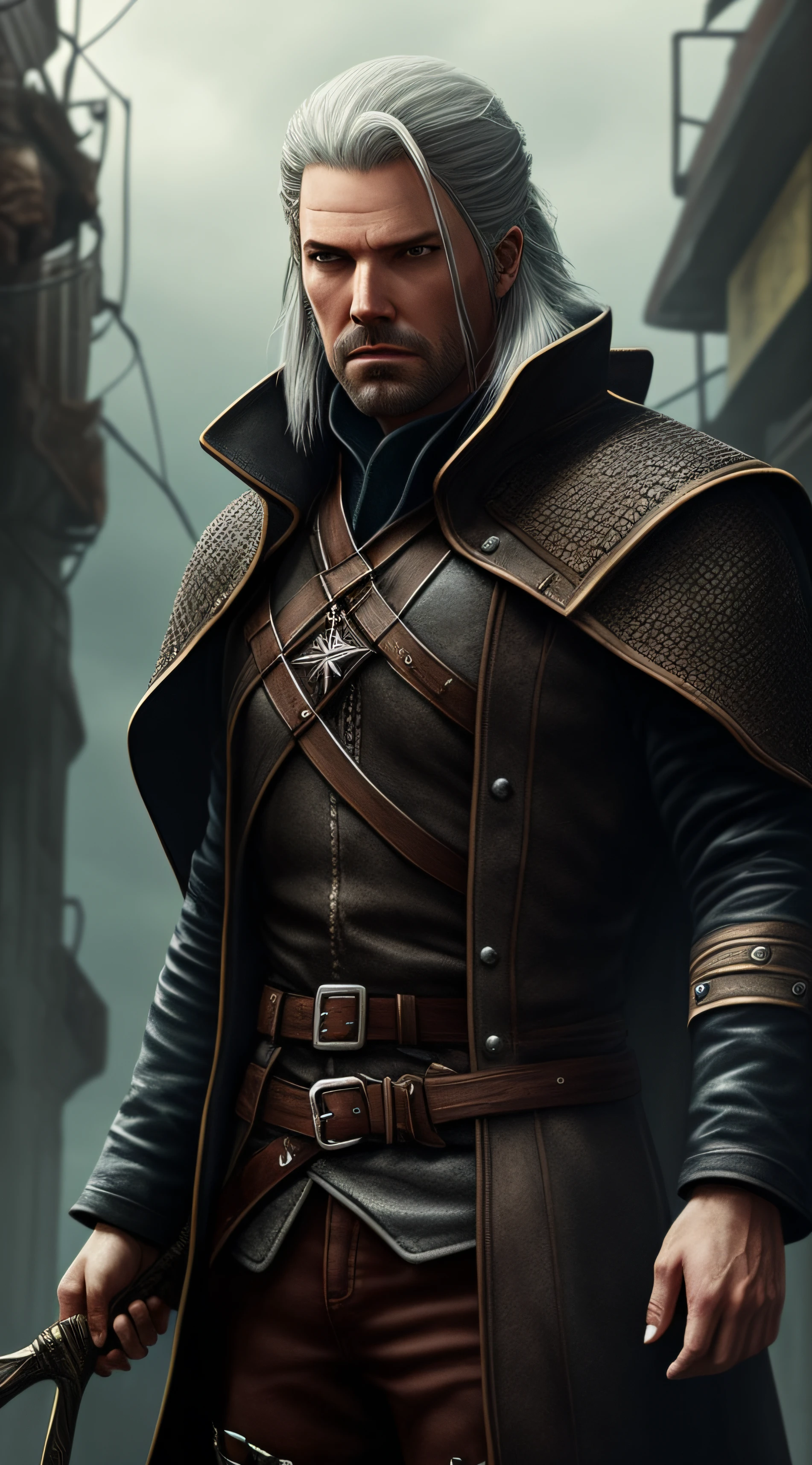 Award-winning Ben Affleck, Photorealistic, Masterpiece, Closeup, Character Portrait, Viewer From The Front,Ben Affleck , (orange eyes), (bright eyes), long white hair, (Red Vintage Tailcoat Jacket Gothic Victorian Frock Coat), ( black ascot), (Extreme Black Big Brim Curved Downwards / Men's Round Crown Hat), (Leprechaun Ears), ,,,, do'urden drizzle, thancred, final fantasy sephiroth, albino mystic, sephiroth, male human like Geralt from rivia, geralt from rivia, BREAK, learned_embeds, 'dreamy ethereal diffuse lighting', 'bokeh, shallow depth of field, background blur', matte background, 'double exposure, award winning photography', 'from Blade Runner 2049', ' urban street photography', 'dark, ominous, haunting, foreboding, gloomy, stormy, ominous, gloomy, harrowing', photorealistic skin --auto