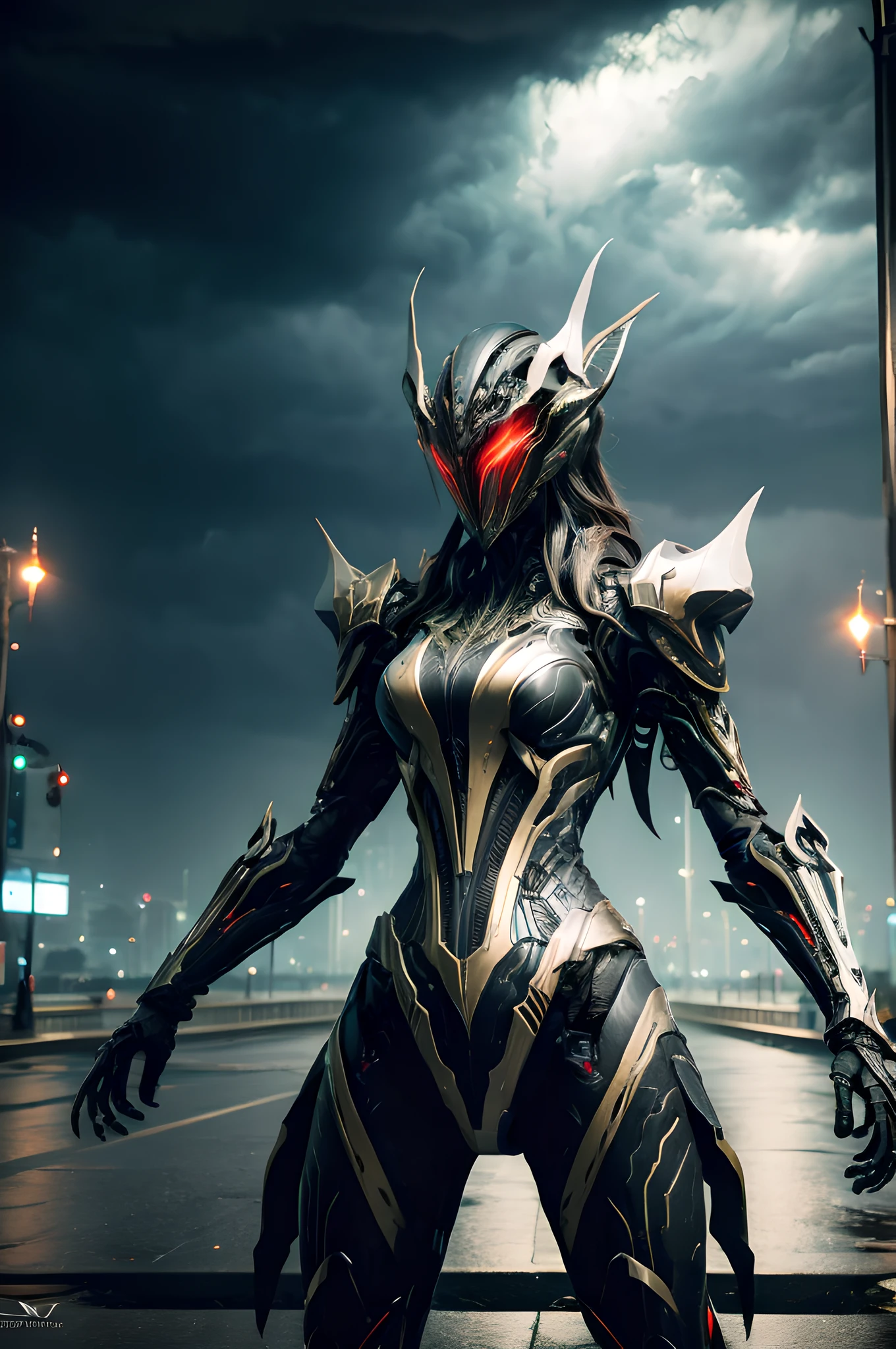 1 japanese girl, WARFRAME, intricate pattern, heavy metal, energy lines, faceless, glowing eyes, elegant, intense, blood red and black uniform, solo, modern, city, streets, dark clouds, thunderstorm, heavy rain,
dramatic lighting,
(masterpiece:1.2), best quality, high resolution,   beautiful detailed, extremely detailed, perfect lighting,