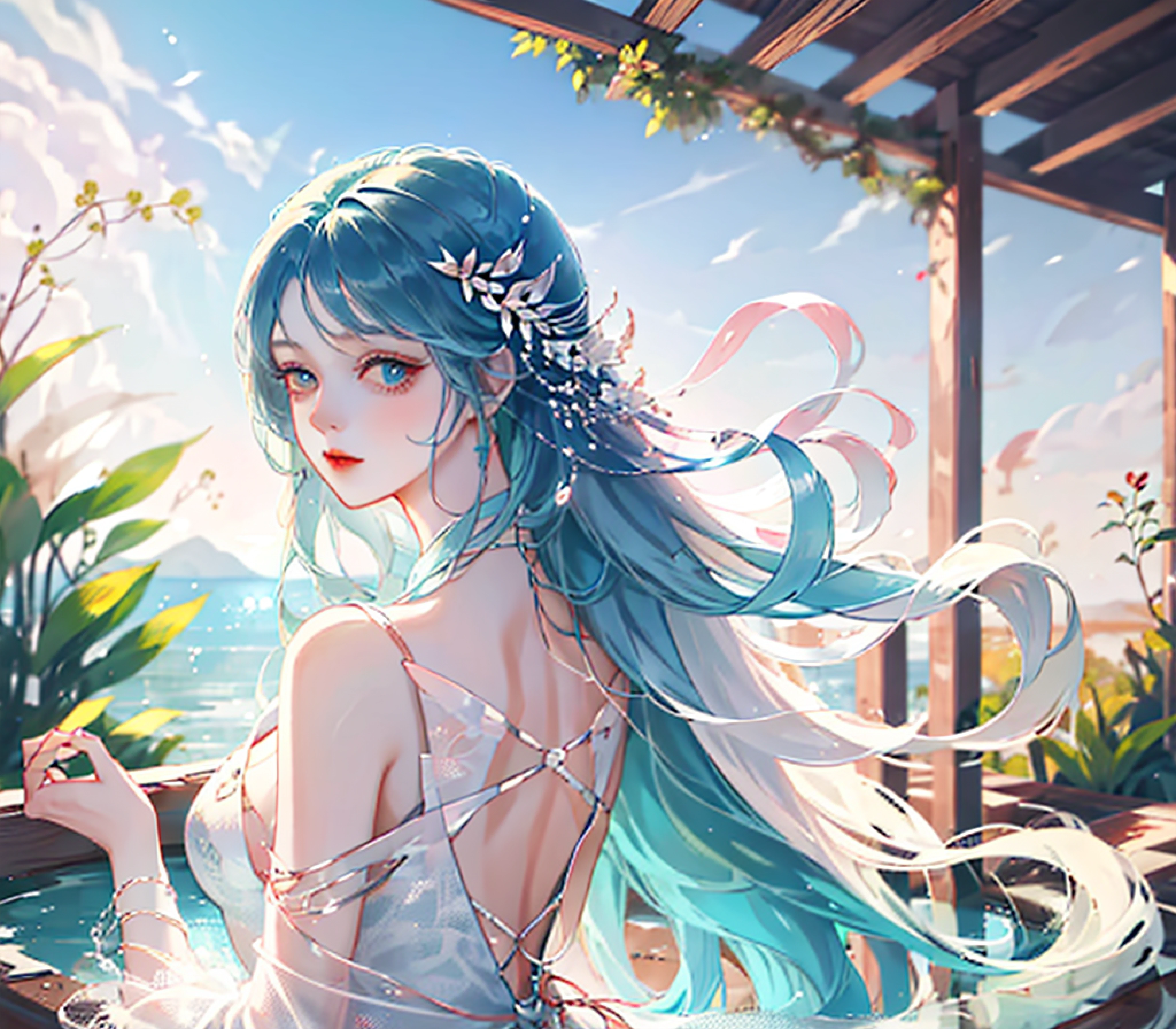 Girl with long flowing hair ,Goddess Maiden ,Lake blue red gradient hair,Plain white simple dress, Extremely smooth long hair, Anthropomorphization of furry plants ,spectacular backdrops,an abandonded courtyard, Overgrowth