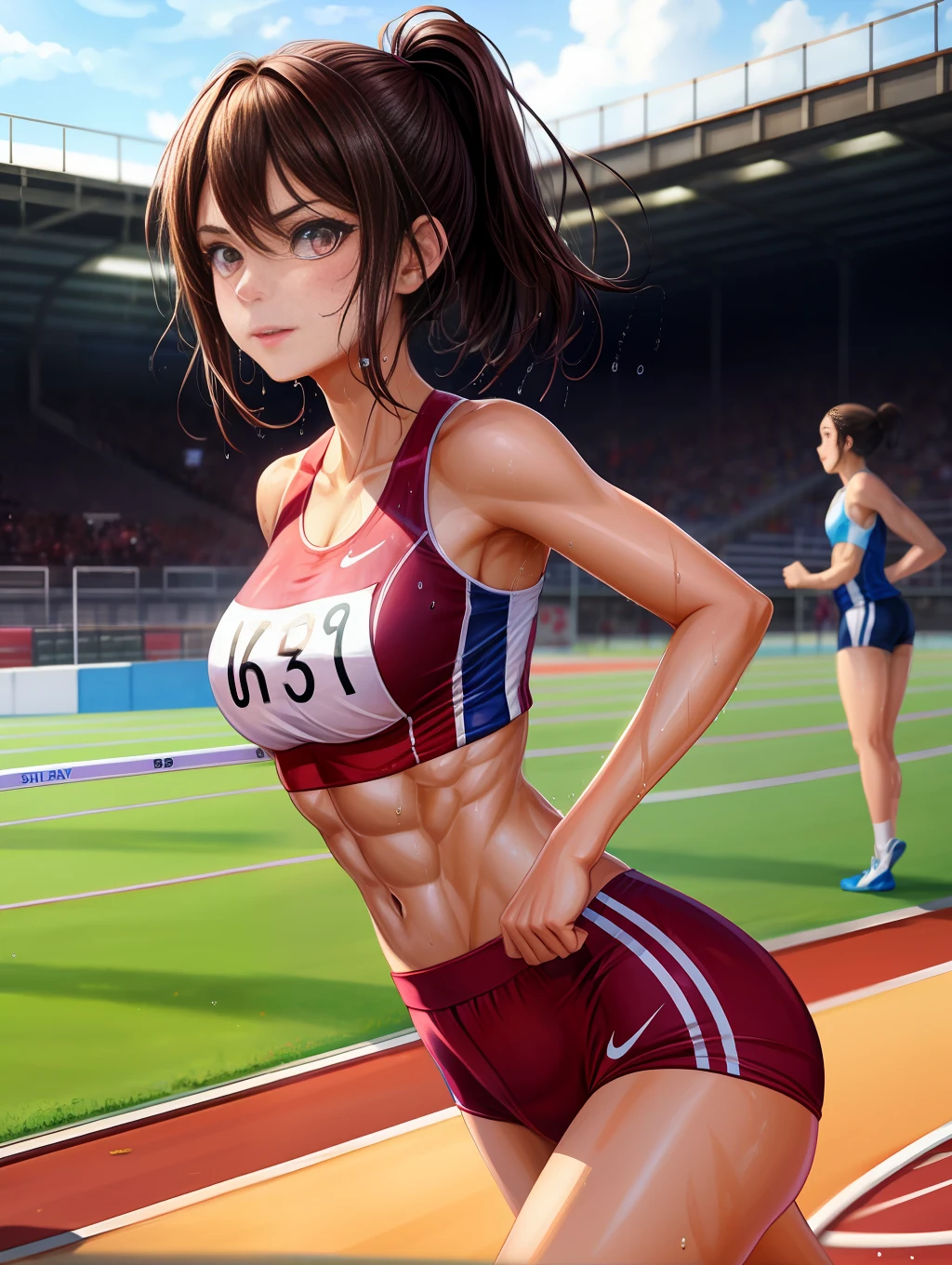 (Digital Painting),(Best Quality), 1girl in,track and field uniform,Charming face,small head,big beatiful eyes,Large breasts,Trained abs,nice legs,wet skins sweat,track and field,