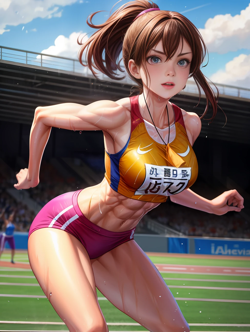 (Digital Painting),(Best Quality), 1girl in,track and field uniform,Charming face,small head,big beatiful eyes,Large breasts,Trained abs,nice legs,wet skins sweat,track and field,