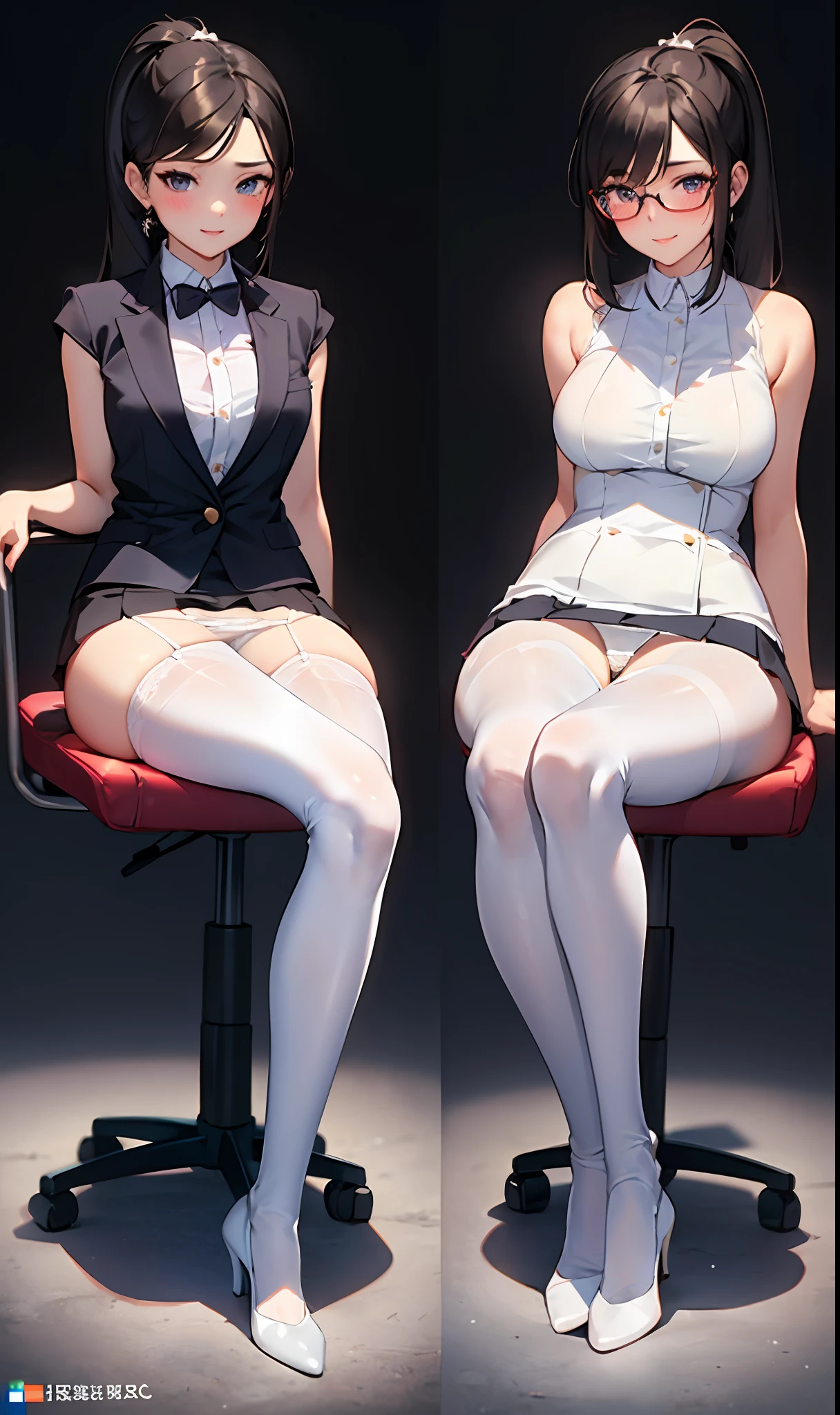 1 girl,​masterpiece、beautiful  lighting、Detailed beautiful face、Detailed beautiful eyes、hight resolution、Ultra-fine illustration、extremely delicate and beautiful、top-quality、The whole body is shown,、(A dark-haired、poneyTail:1.7), (eye glass:1.2)、Focus Leg、Curvaceous, beauty legs、(Sit on a chair and cross your legs:1.2),(shinny hair, Glossy eyes, shinny skin), (glistning skin) ,(Business suits、tight skirts,Shirt、Sleeveless ),Armpit、armpit、thighs thighs thighs thighs、A smile、black thighhighs、Watch your audience、under the boobs、blushed、perspiring、Jeweled、thick thight、(white panty hose:1.7)、Blushing cheeks、a short skirt、Show thighs、high-heels